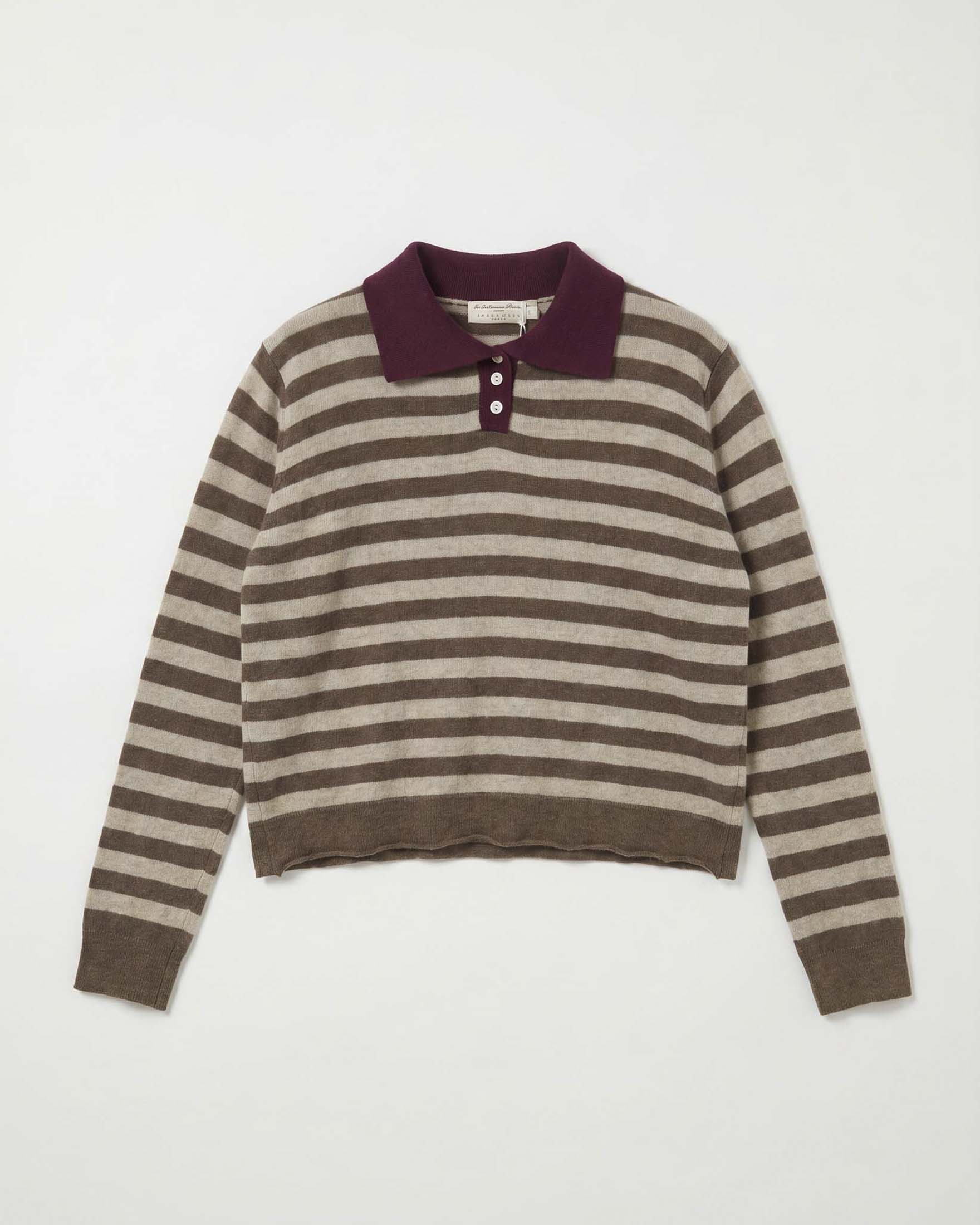 Polo maniche lunghe Intuition Paris beige in misto cashmere e lana a righe moro e colletto bordeaux