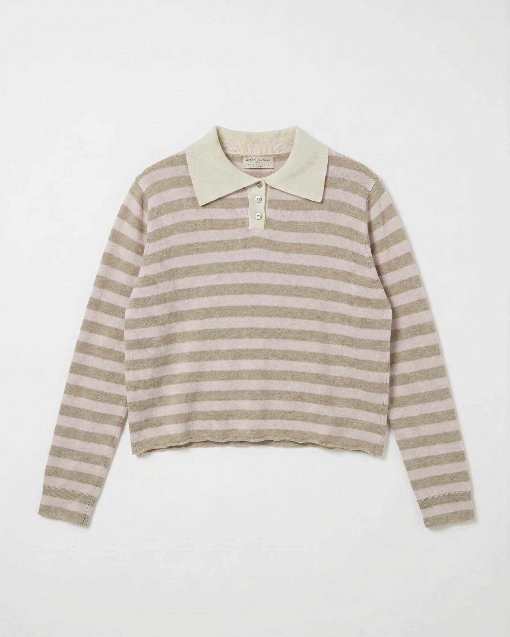 Polo maniche lunghe Intuition Paris beige in misto cashmere e lana a righe rosa e colletto bianco