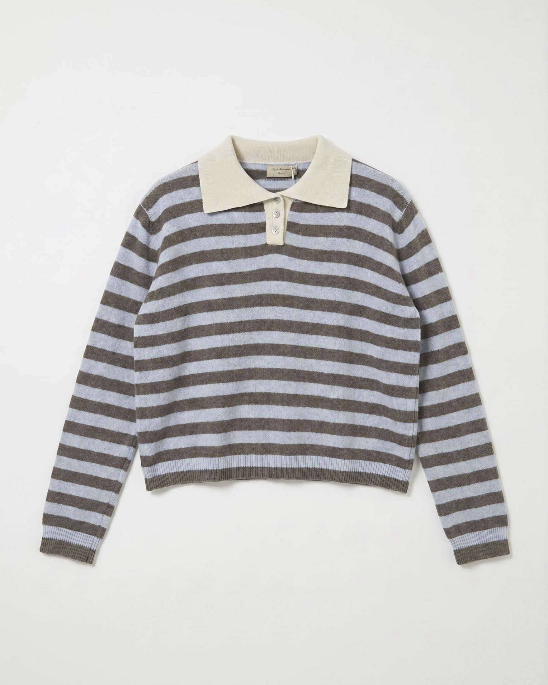 Polo maniche lunghe Intuition Paris tortora in misto cashmere e lana a righe azzurre e colletto bianco