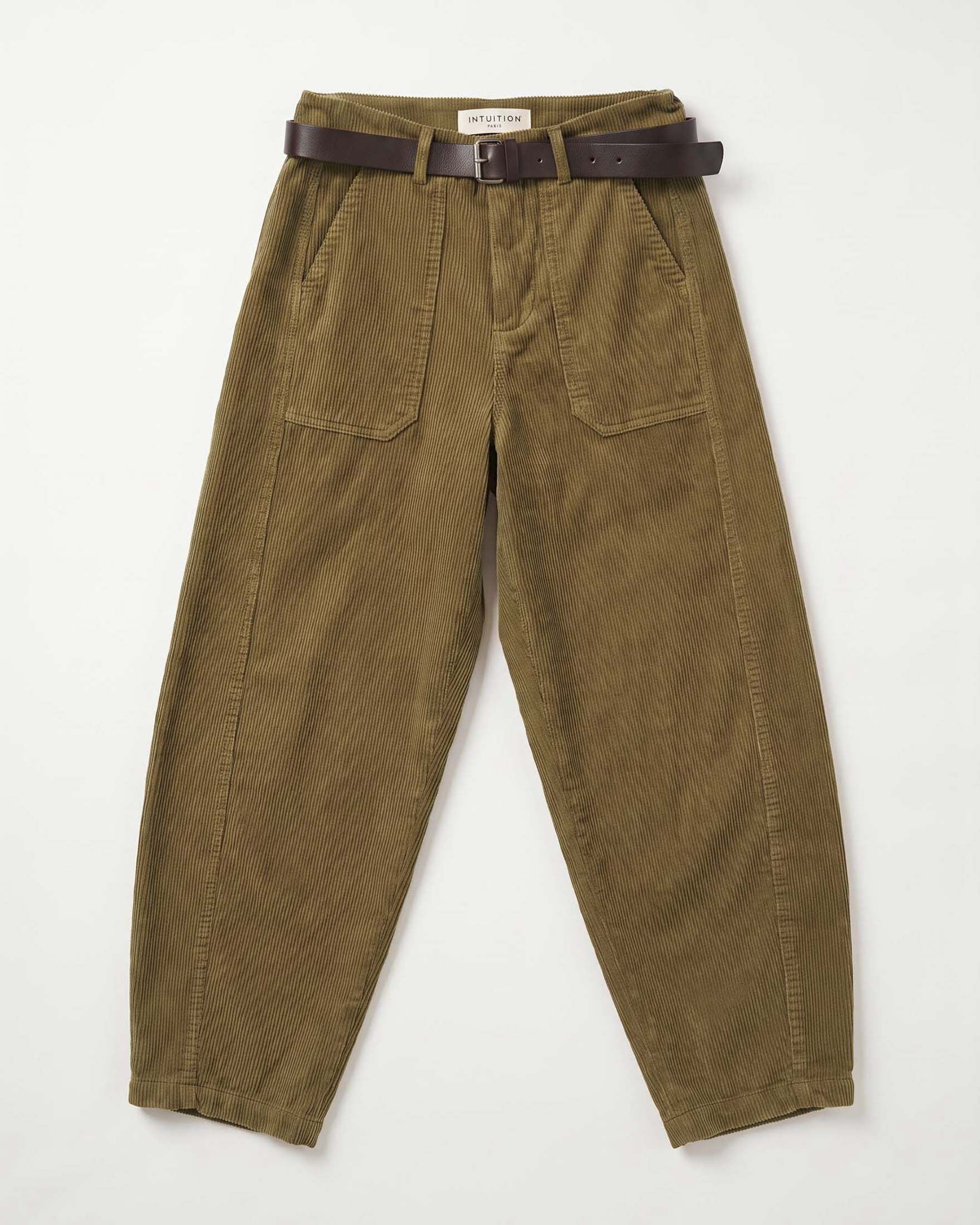 Pantaloni barrel da lavoro Intuition Paris color olio in puro cotone con tasche laterali