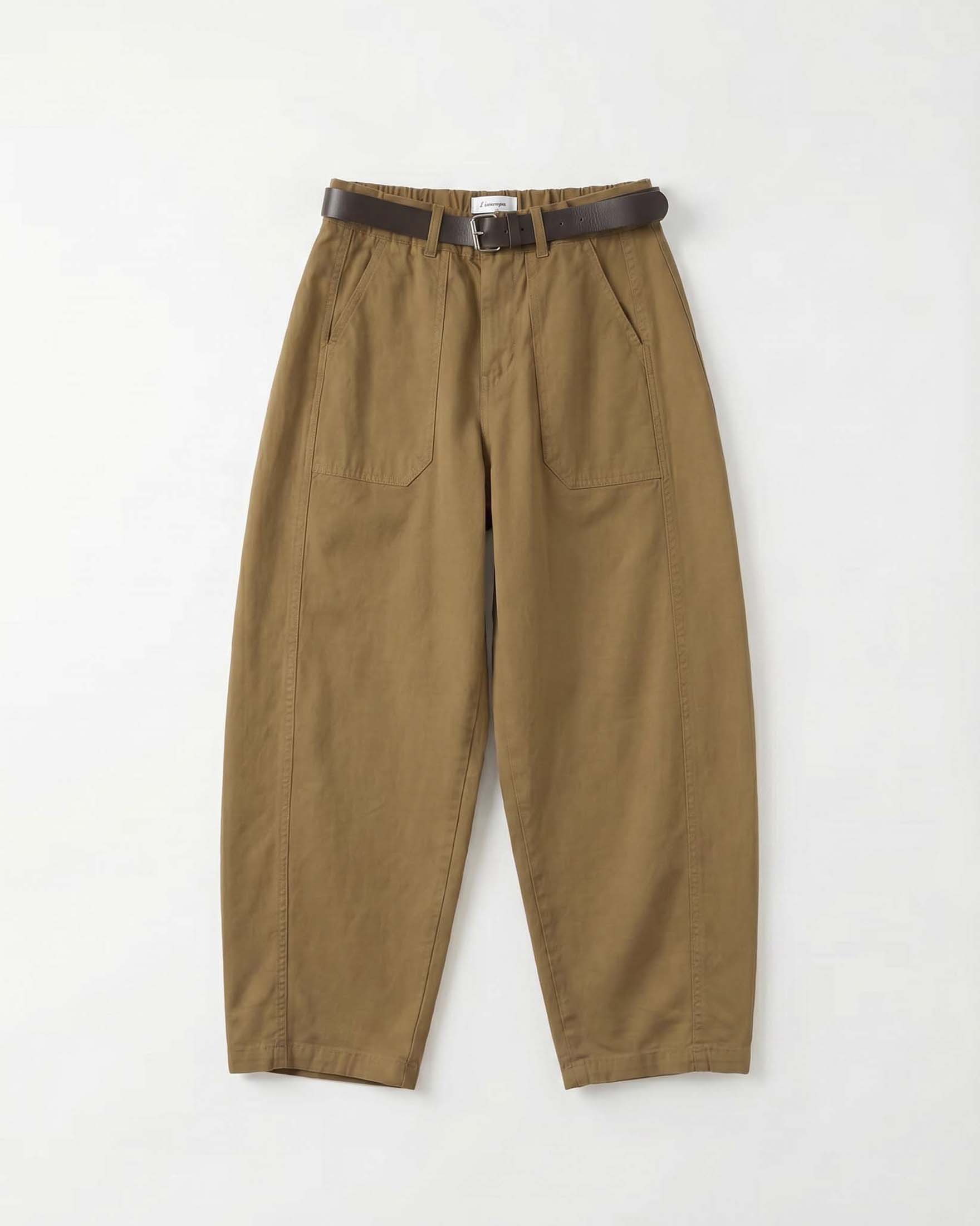 Pantaloni barrel wide Intuition Paris color olio da lavoro in cotone stretch con vita elasticizzata
