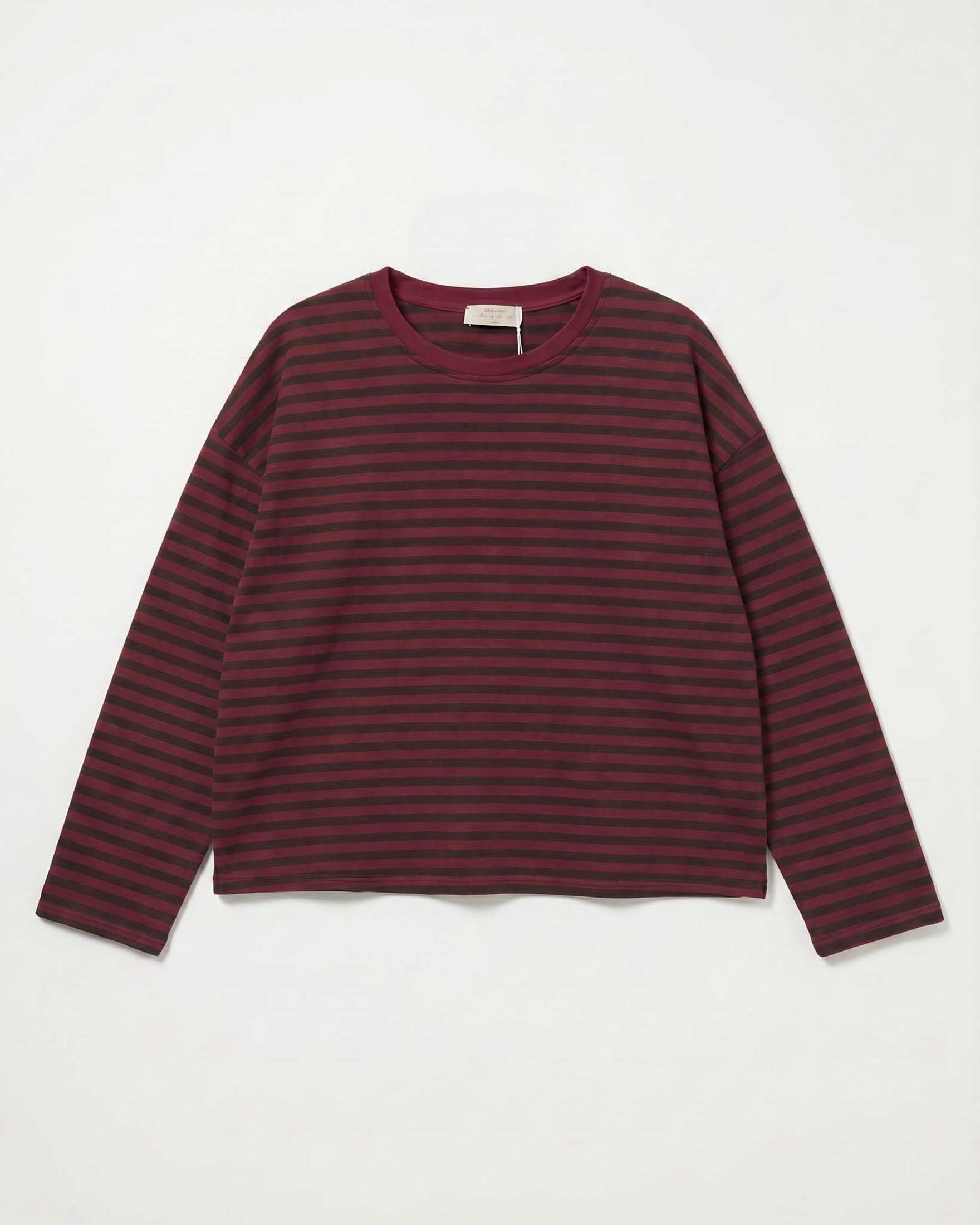 T-shirt a maniche lunghe Intuition Paris in cotone stretch a righe sottili bordeaux e marroni