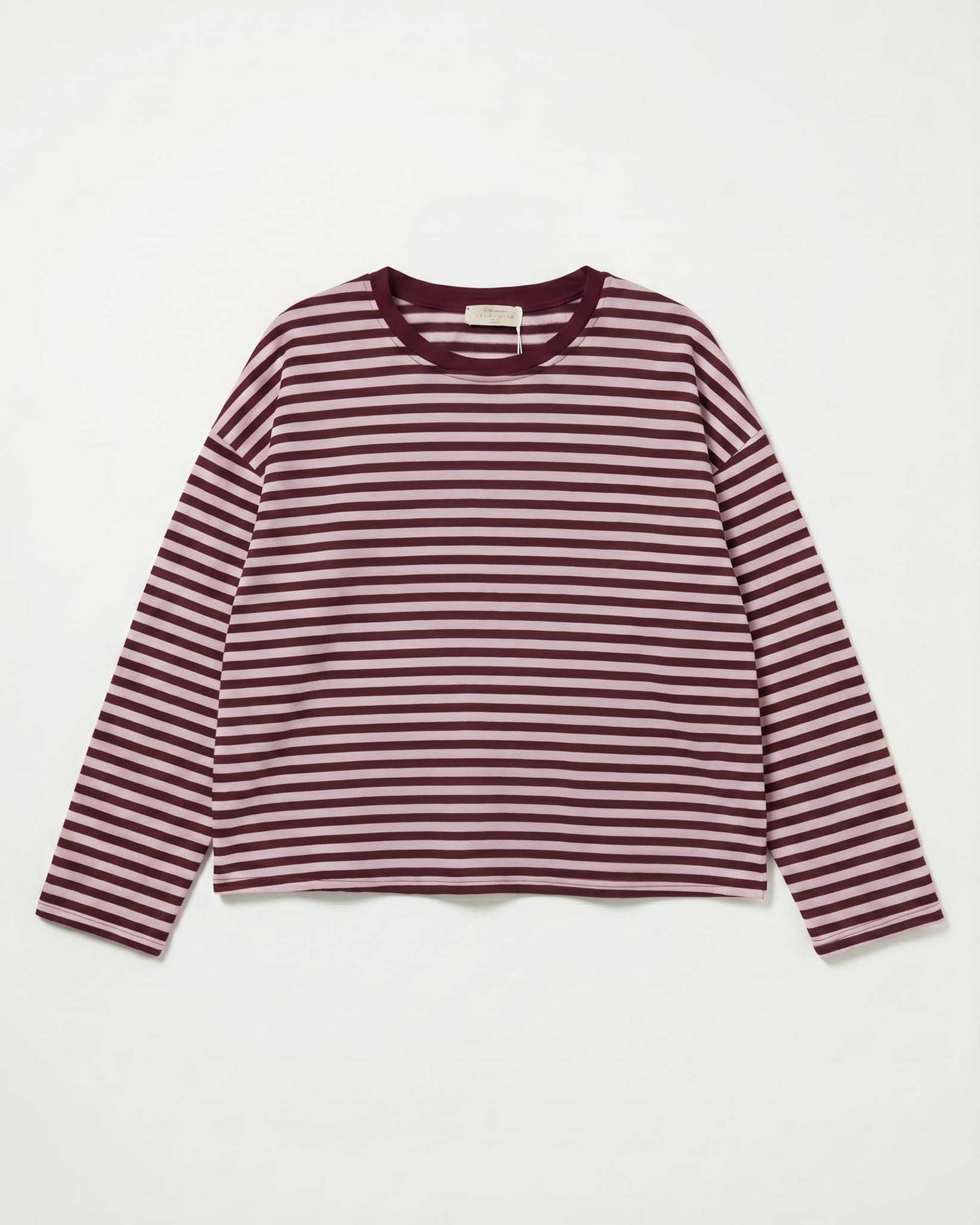 T-shirt a maniche lunghe Intuition Paris in cotone stretch a righe sottili bordeaux e rosa