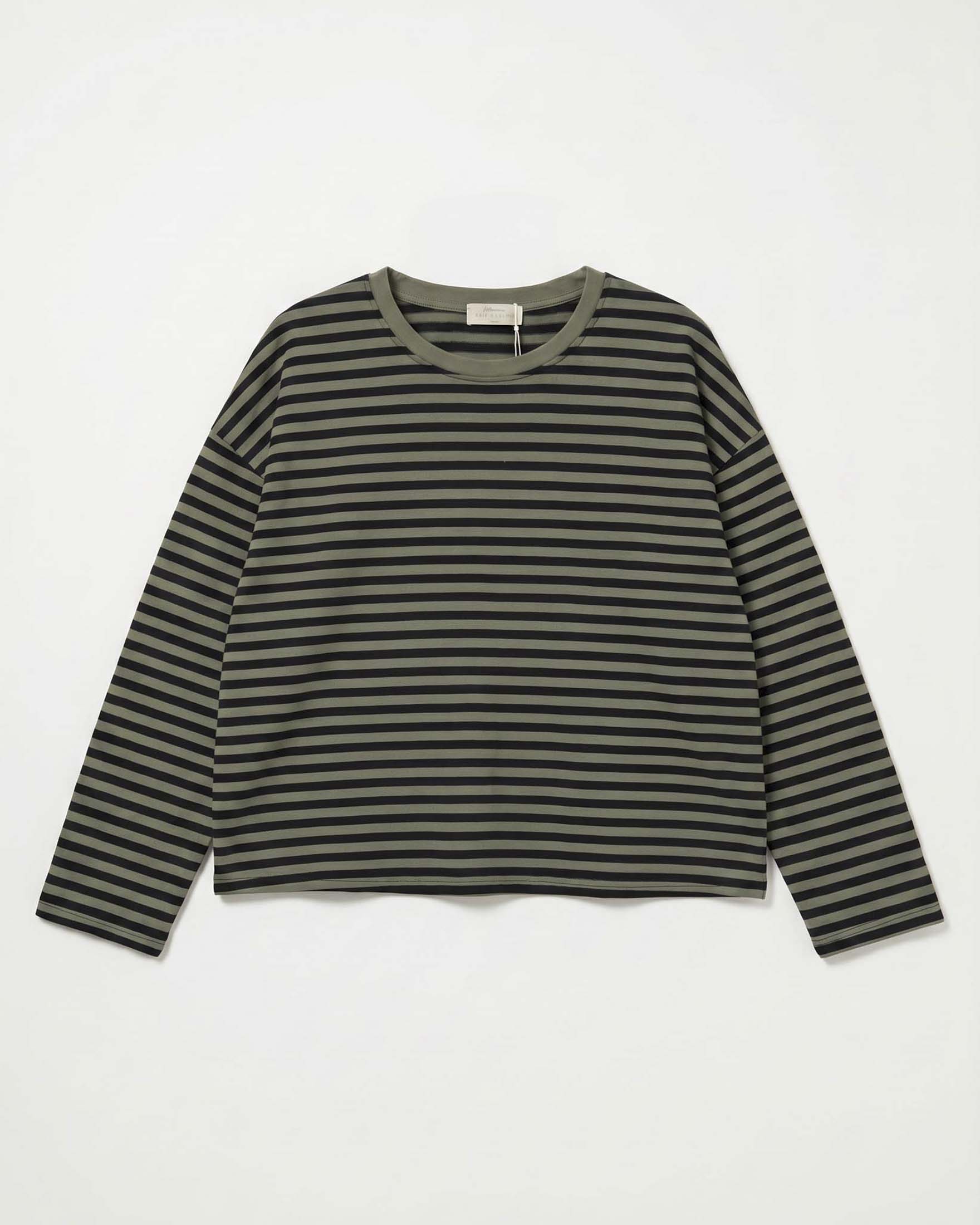 T-shirt a maniche lunghe Intuition Paris in cotone stretch a righe sottili verdi militare e nere