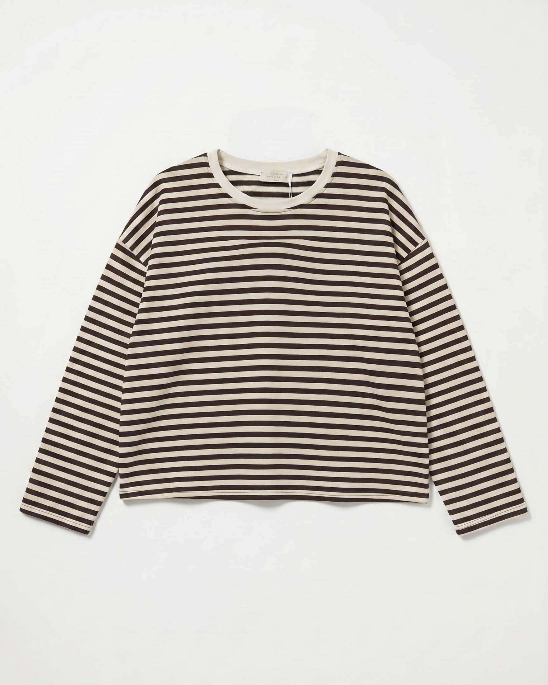 T-shirt a maniche lunghe Intuition Paris in cotone stretch a righe sottili marroni e panna