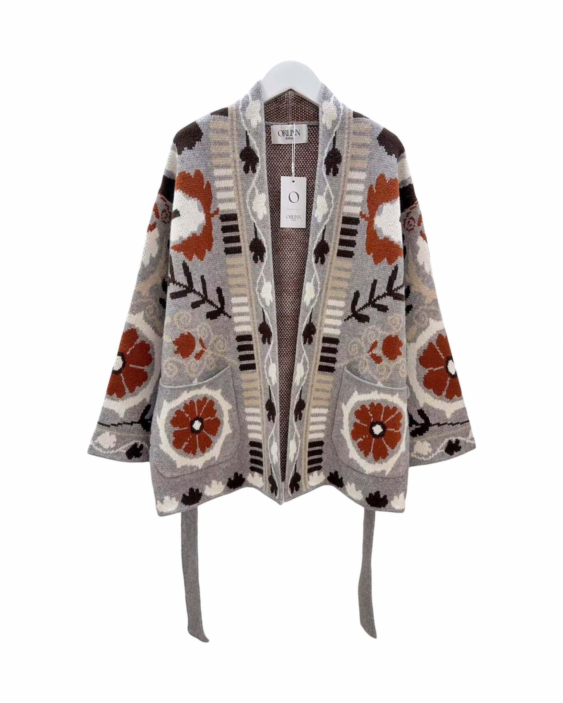 Giacca kimono Orlinn Paris grigia in misto lana e viscosa jacquard a fiori con cintura da annodare