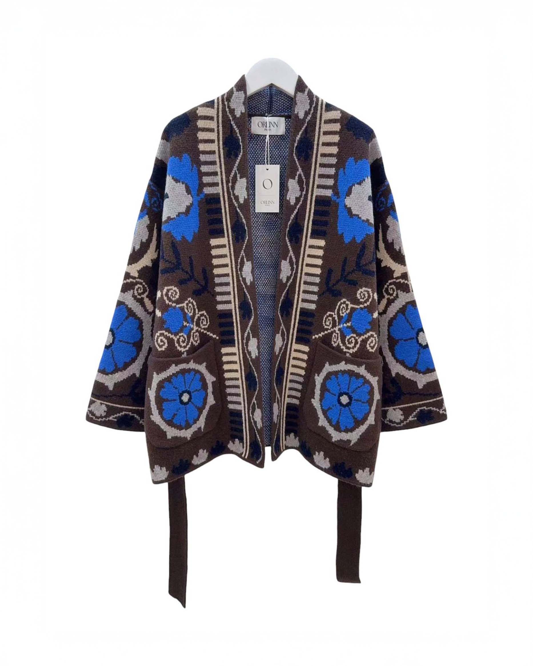 Giacca kimono Orlinn Paris marrone in misto lana e viscosa jacquard a fiori con cintura da annodare
