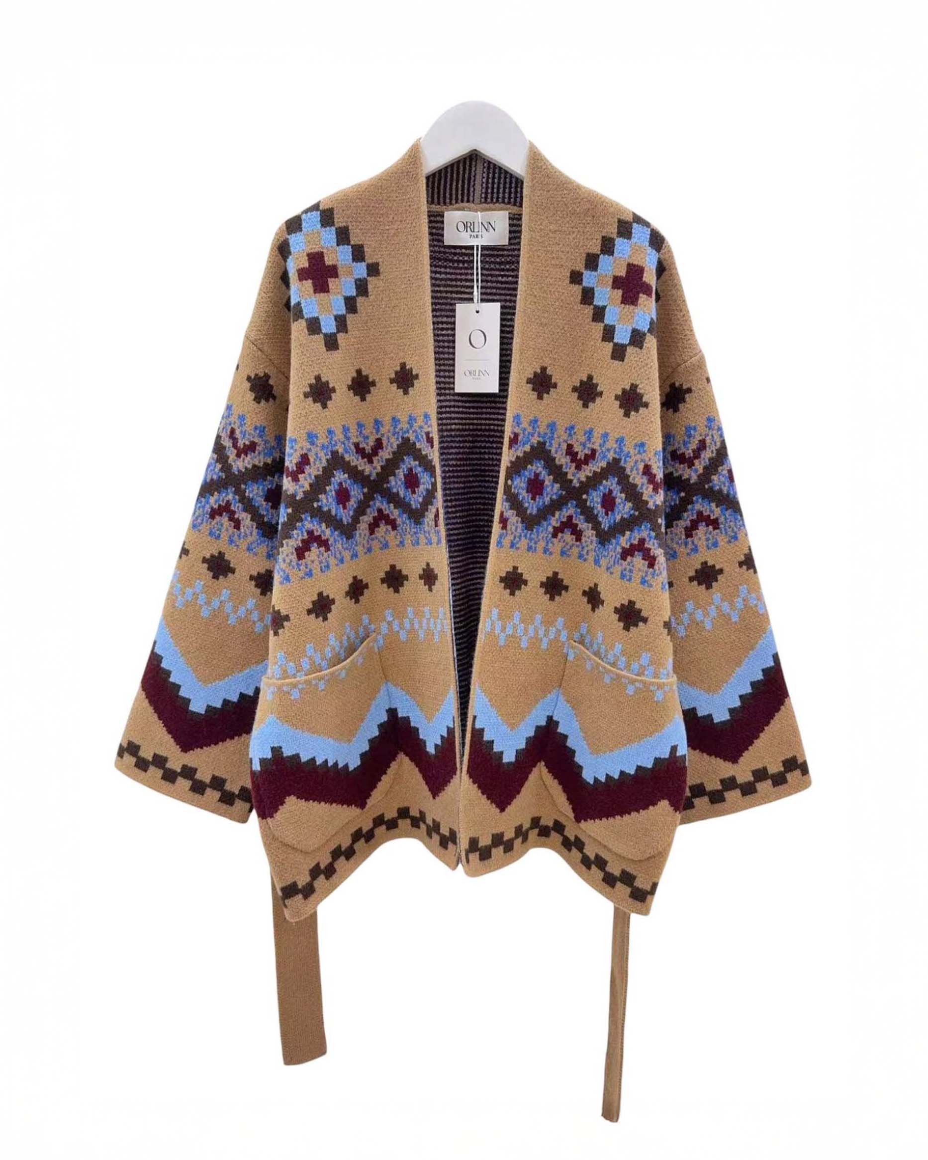 Giacca kimono Orlinn Paris cammello in misto lana e viscosa jacquard ispirazione Navajo con cintura