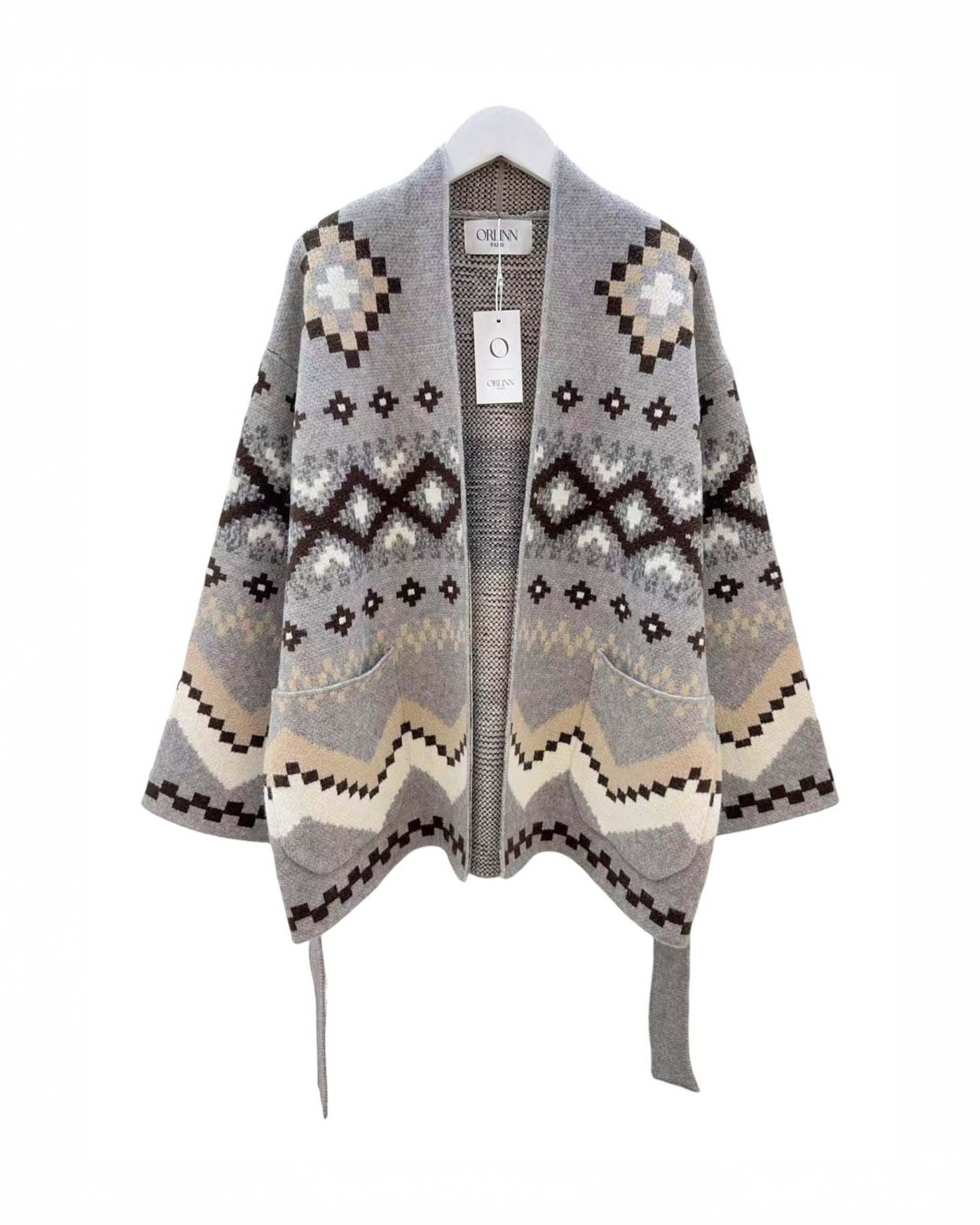 Giacca kimono Orlinn Paris grigia in misto lana e viscosa jacquard ispirazione Navajo con cintura
