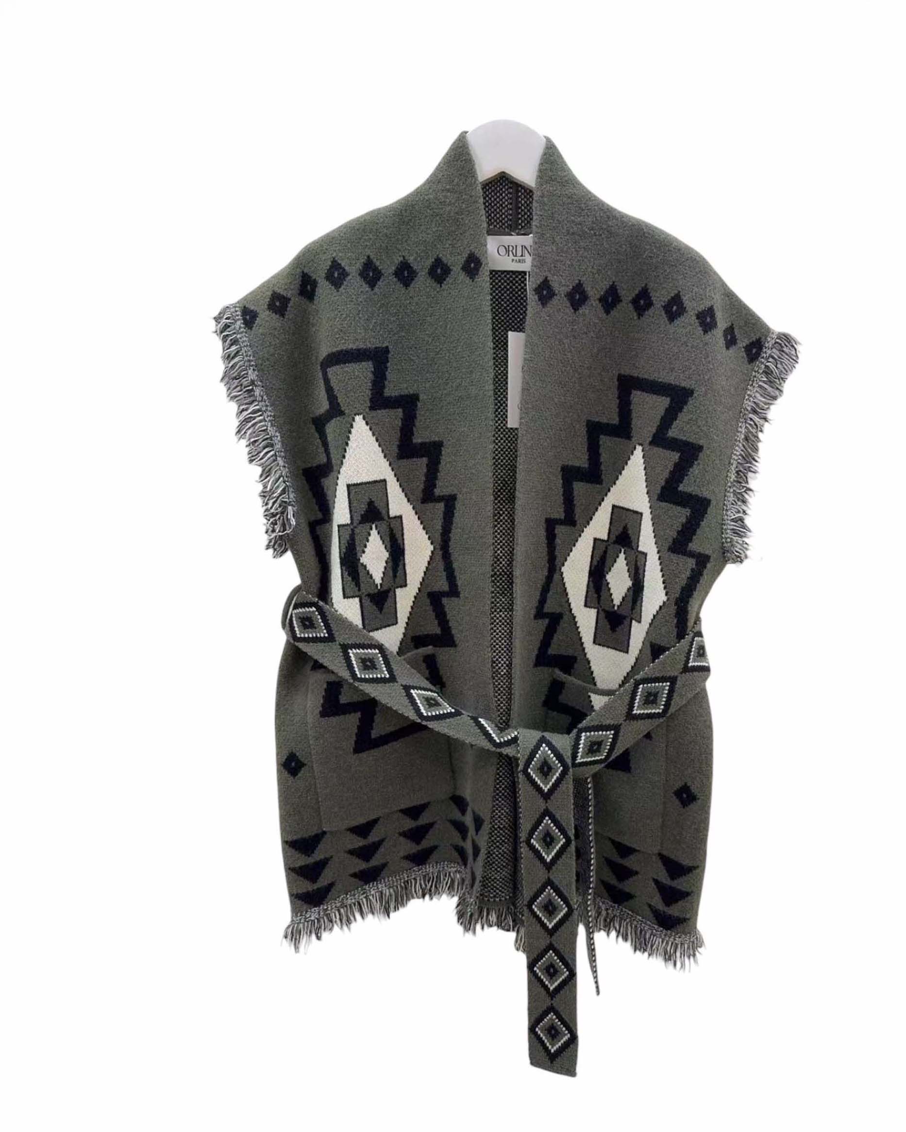 Gilet con cintura Orlinn Paris militare in misto lana e viscosa con motivi Navajo e orli sfrangiati