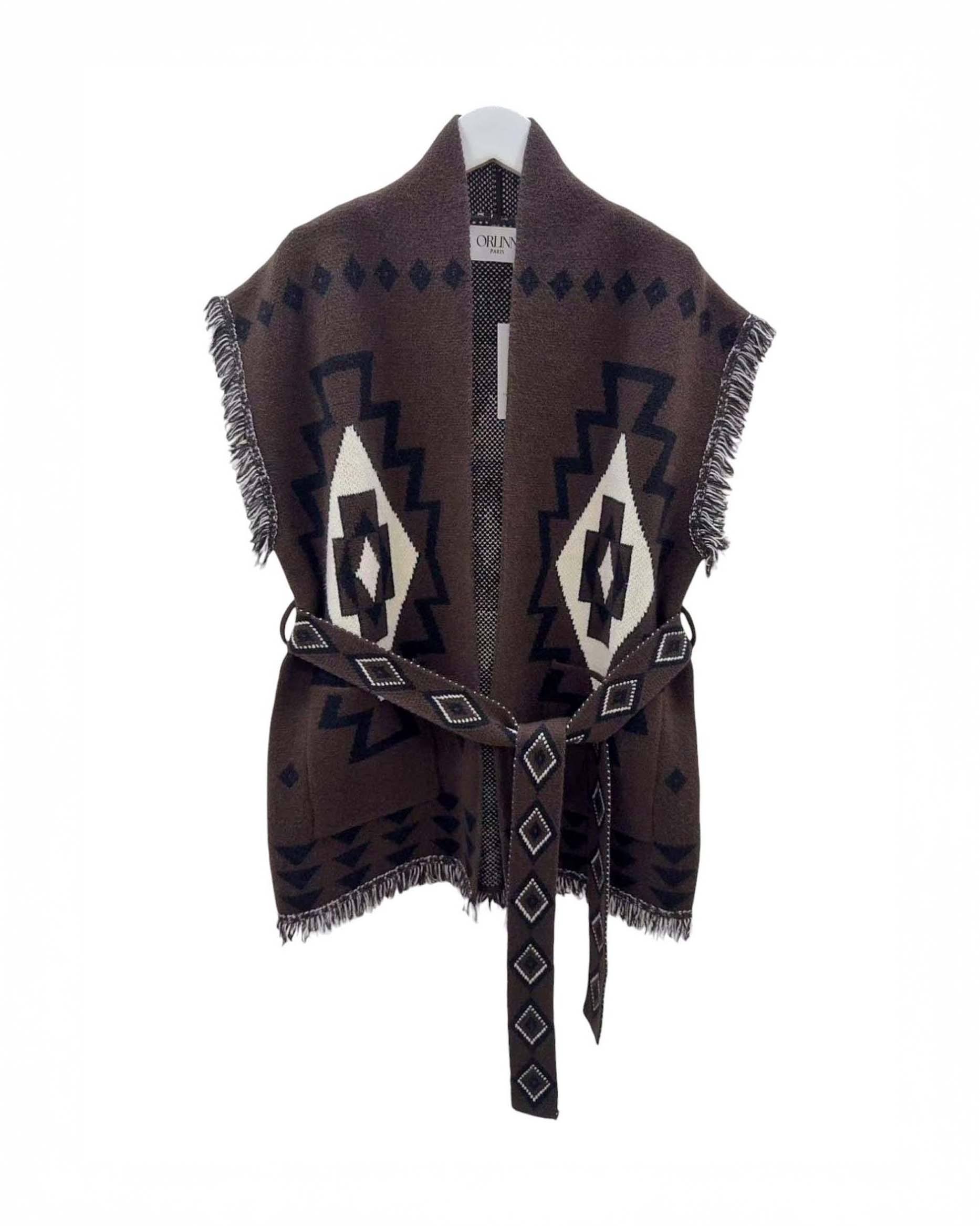Gilet con cintura Orlinn Paris marrone in misto lana e viscosa con motivi Navajo e orli sfrangiati
