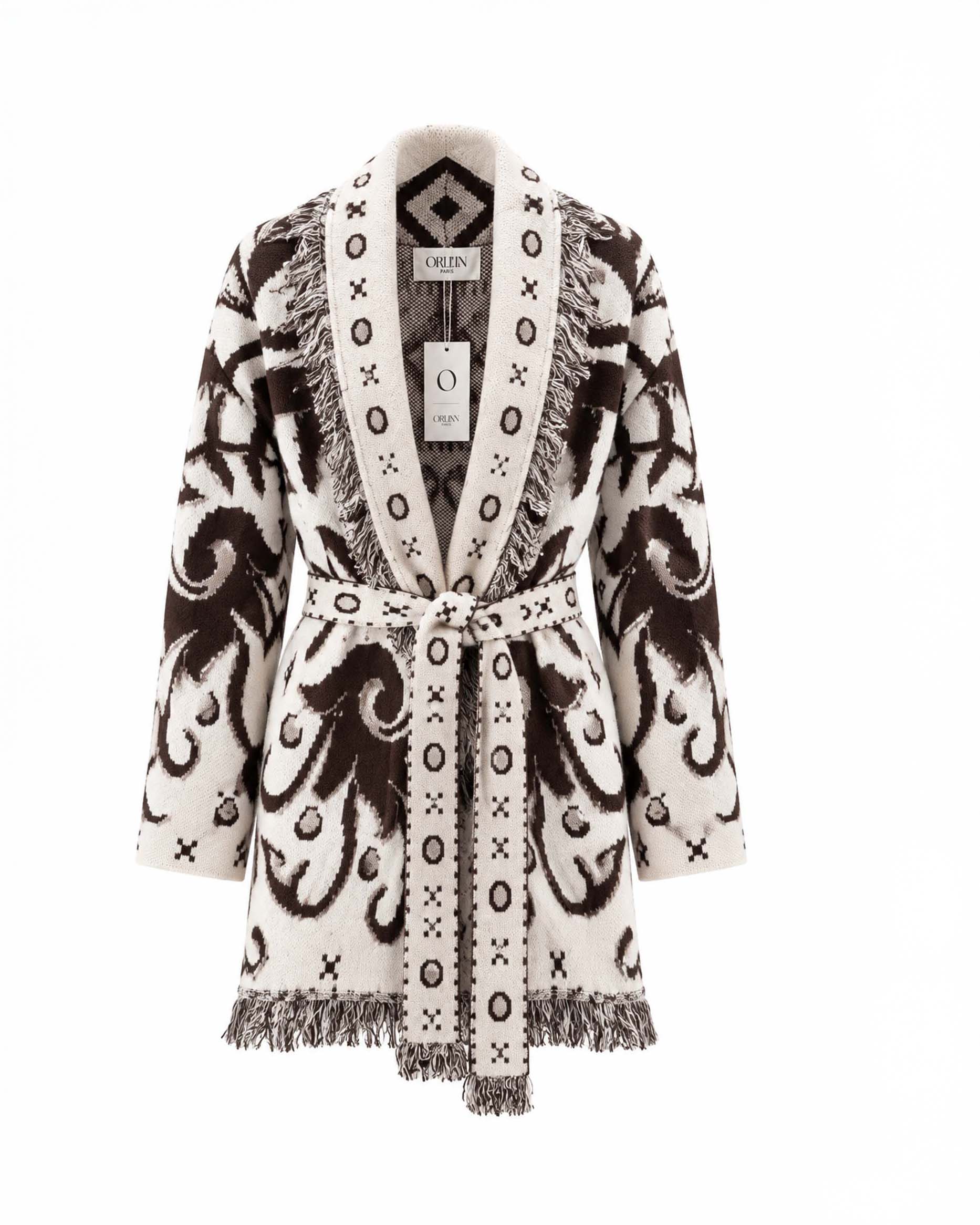 Giacca kimono con cintura Orlinn Paris avorio damascata con decori marroni e orli sfrangiati