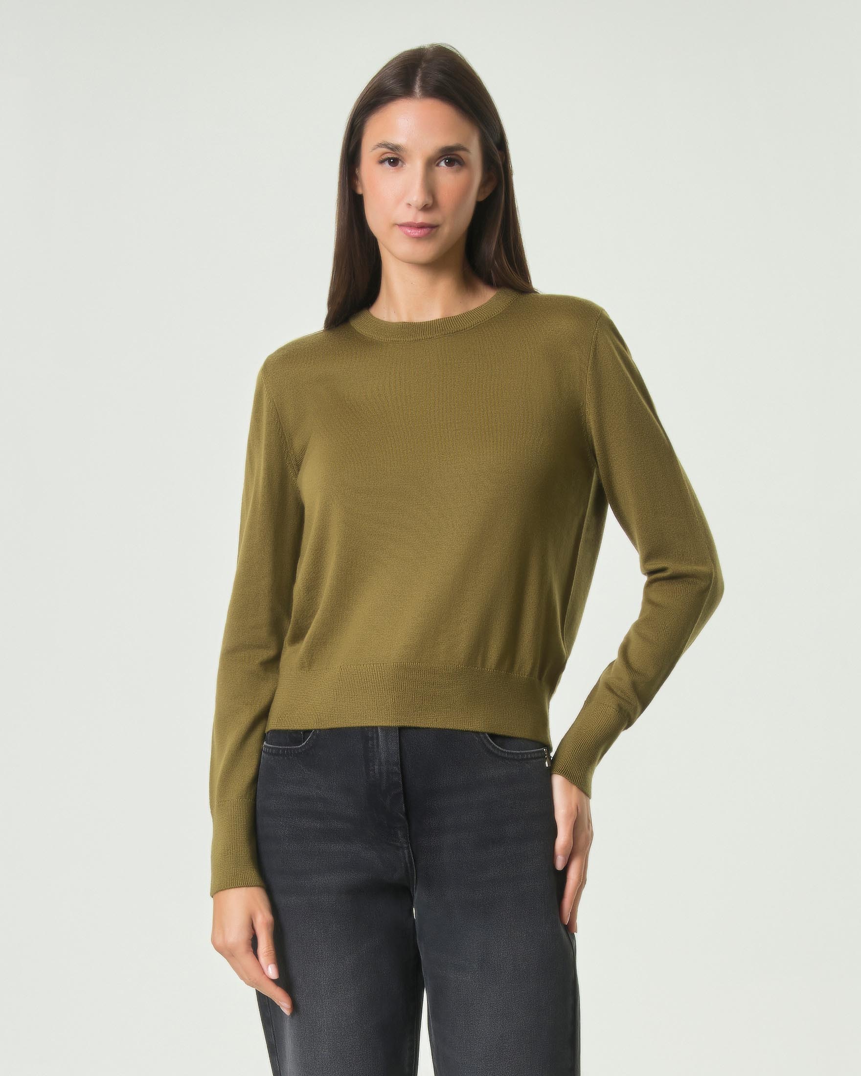 Maglia Patrizia Pepe color olio in pura lana con scollo rotondo e dettaglio Fly