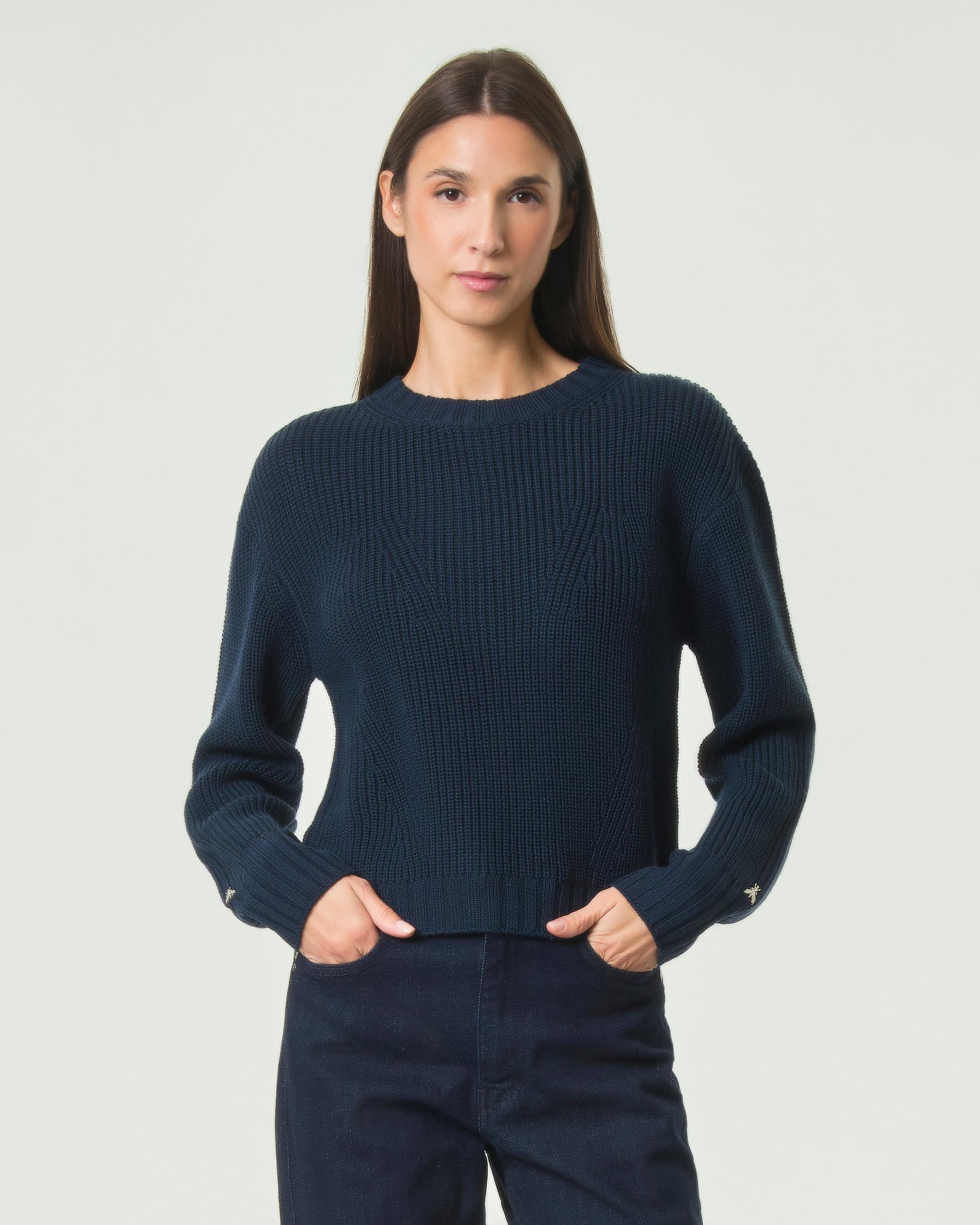 Maglia girocollo Patrizia Pepe blu in costa inglese misto lana con rivetti Fly sulle maniche