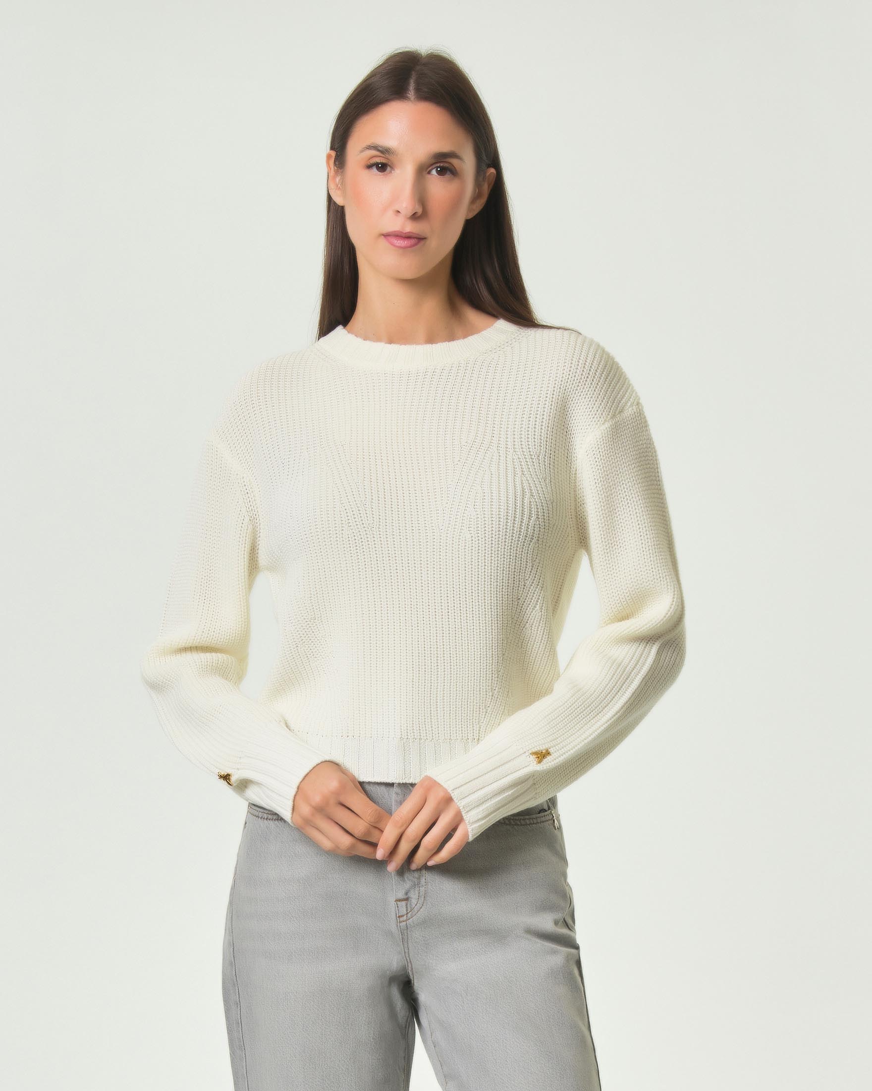 Maglia girocollo Patrizia Pepe bianco in costa inglese misto lana con rivetti Fly sulle maniche