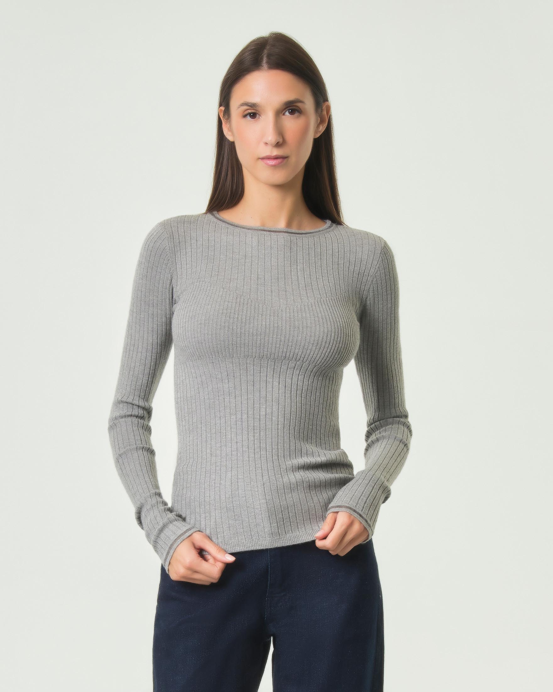 Maglia girocollo Patrizia Pepe grigio in misto viscosa a costine