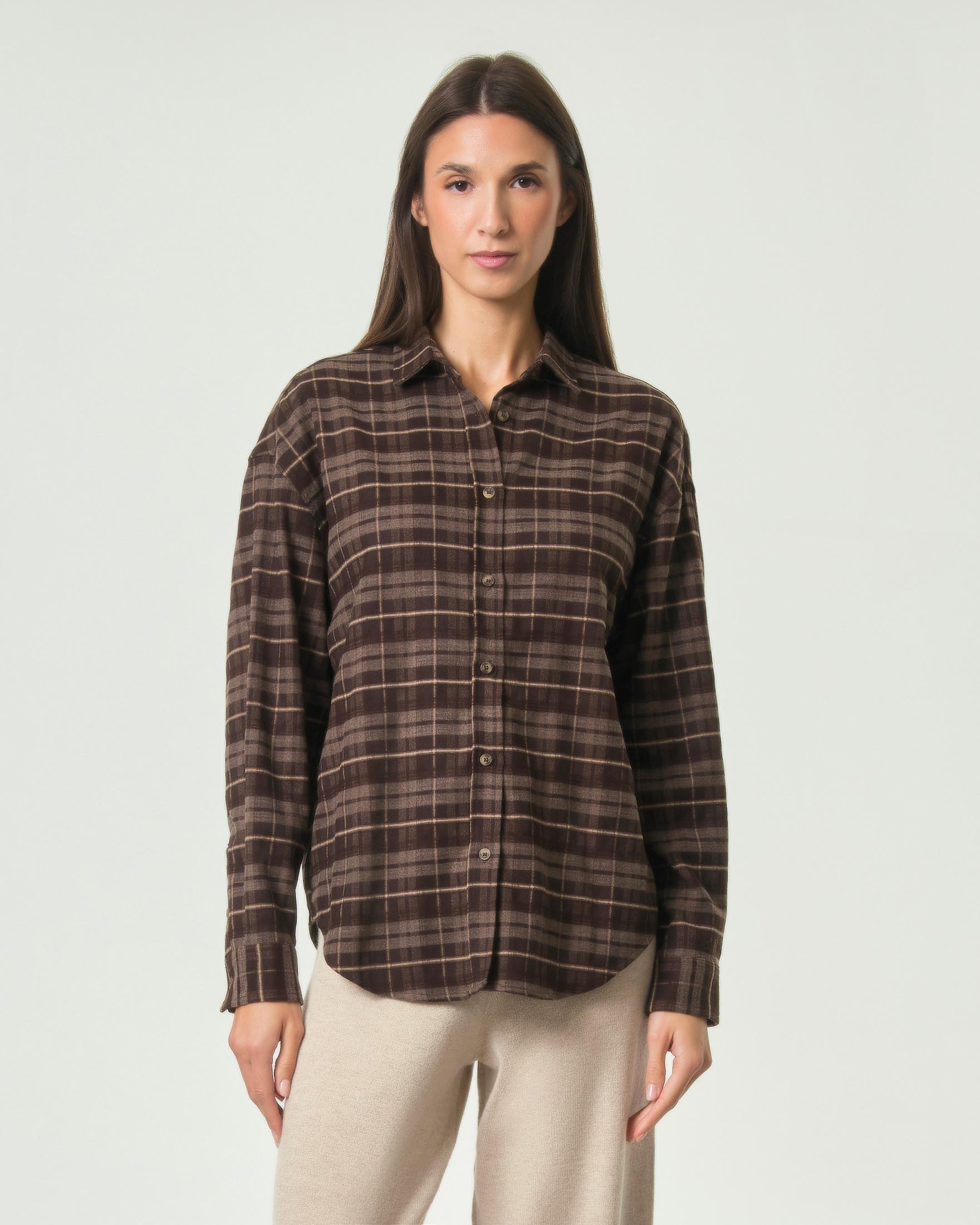 Camicia Gigy MC2 Saint Barth marrone in flanella a motivo tartan grigio con ricamo