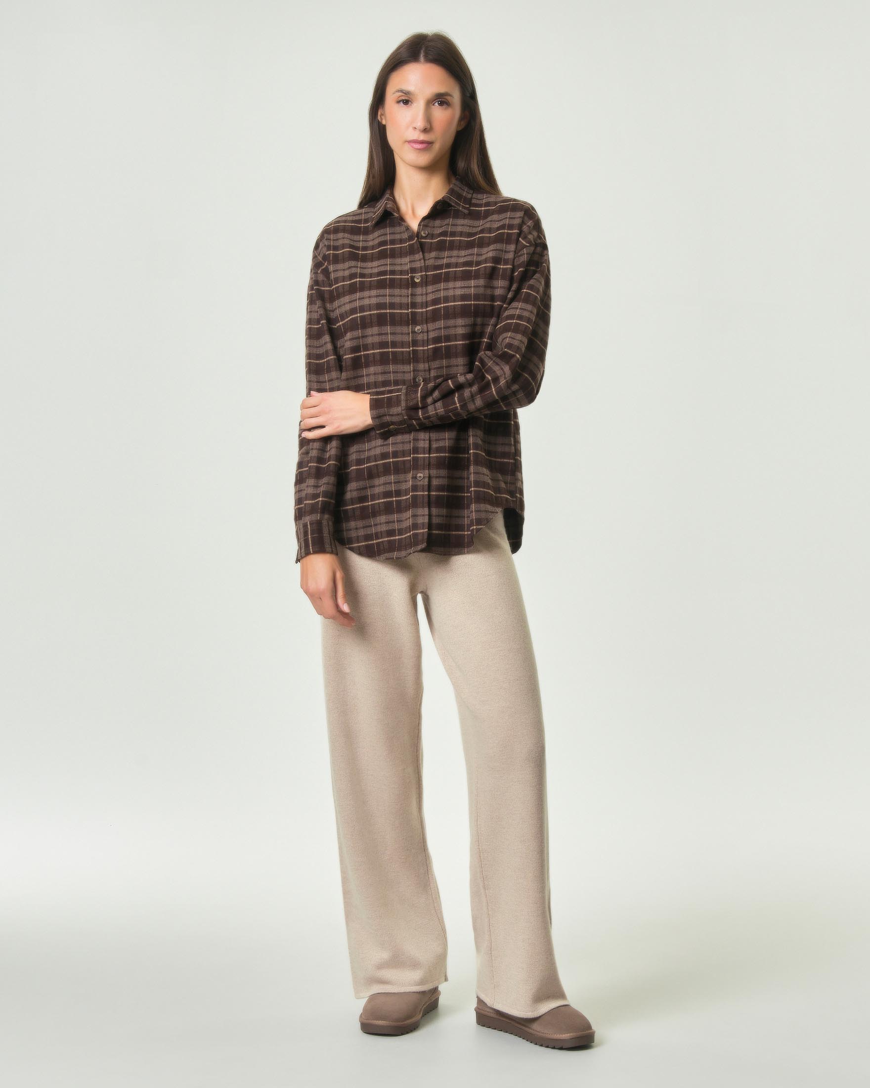 Camicia Gigy MC2 Saint Barth marrone in flanella a motivo tartan grigio con ricamo image