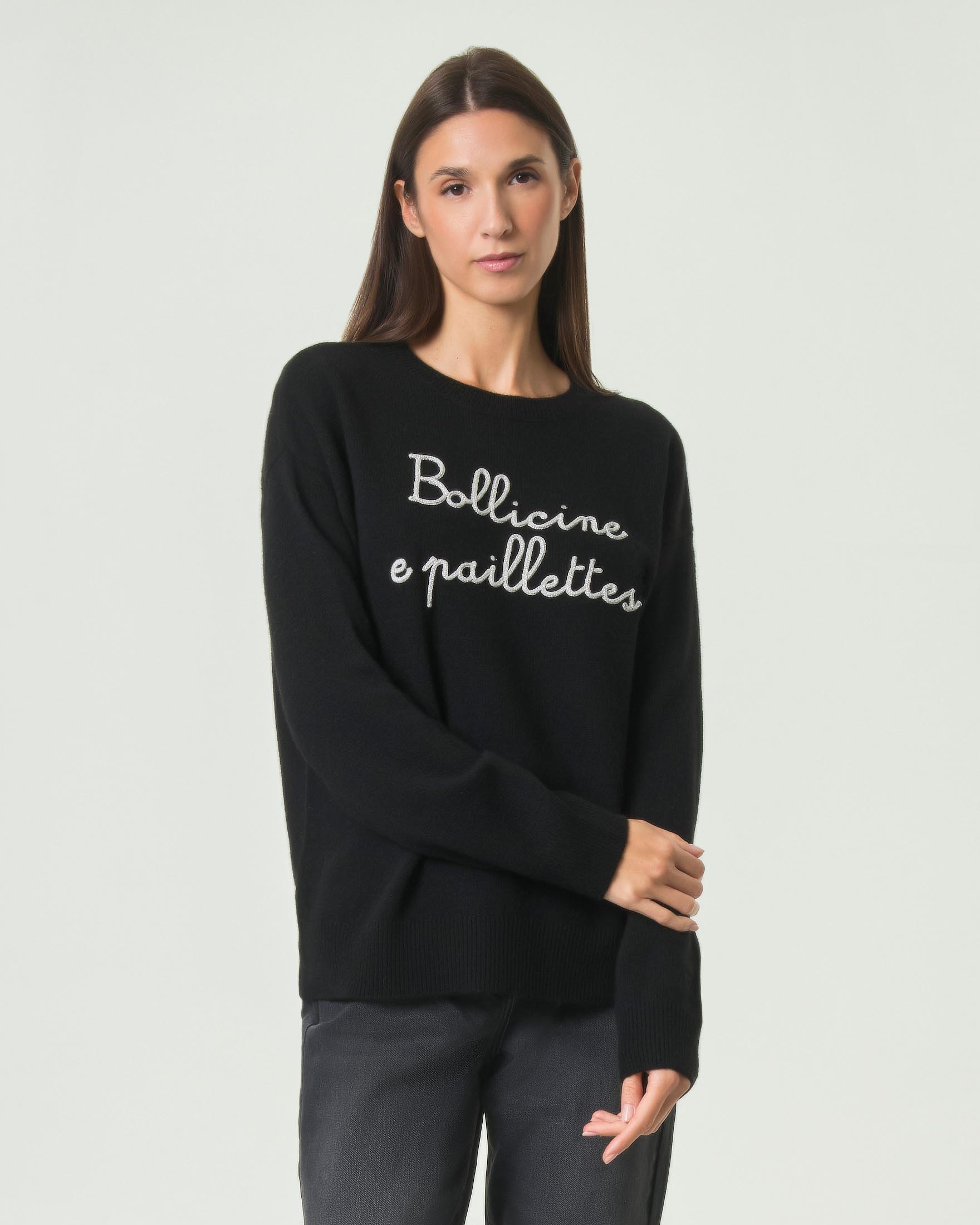 Maglia girocollo Tessa MC2 Saint Barth nera in misto lana e cashmere con ricamo Bollicine E Paillettes