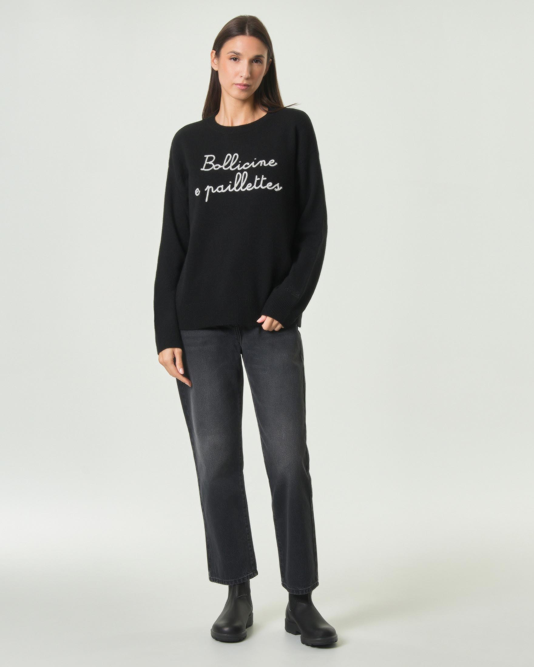 Maglia girocollo Tessa MC2 Saint Barth nera in misto lana e cashmere con ricamo Bollicine E Paillettes image