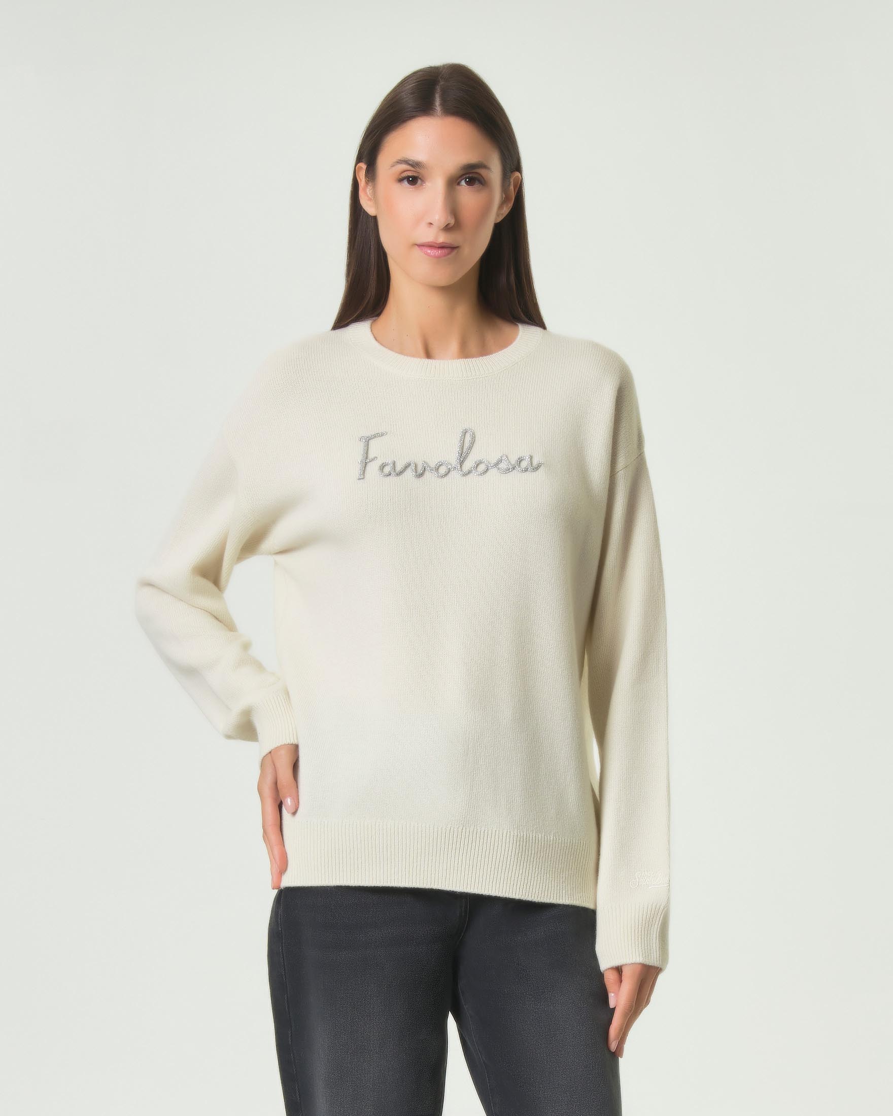 Maglia girocollo Tessa MC2 Saint Barth bianca in misto lana e cashmere con ricamo Favolosa