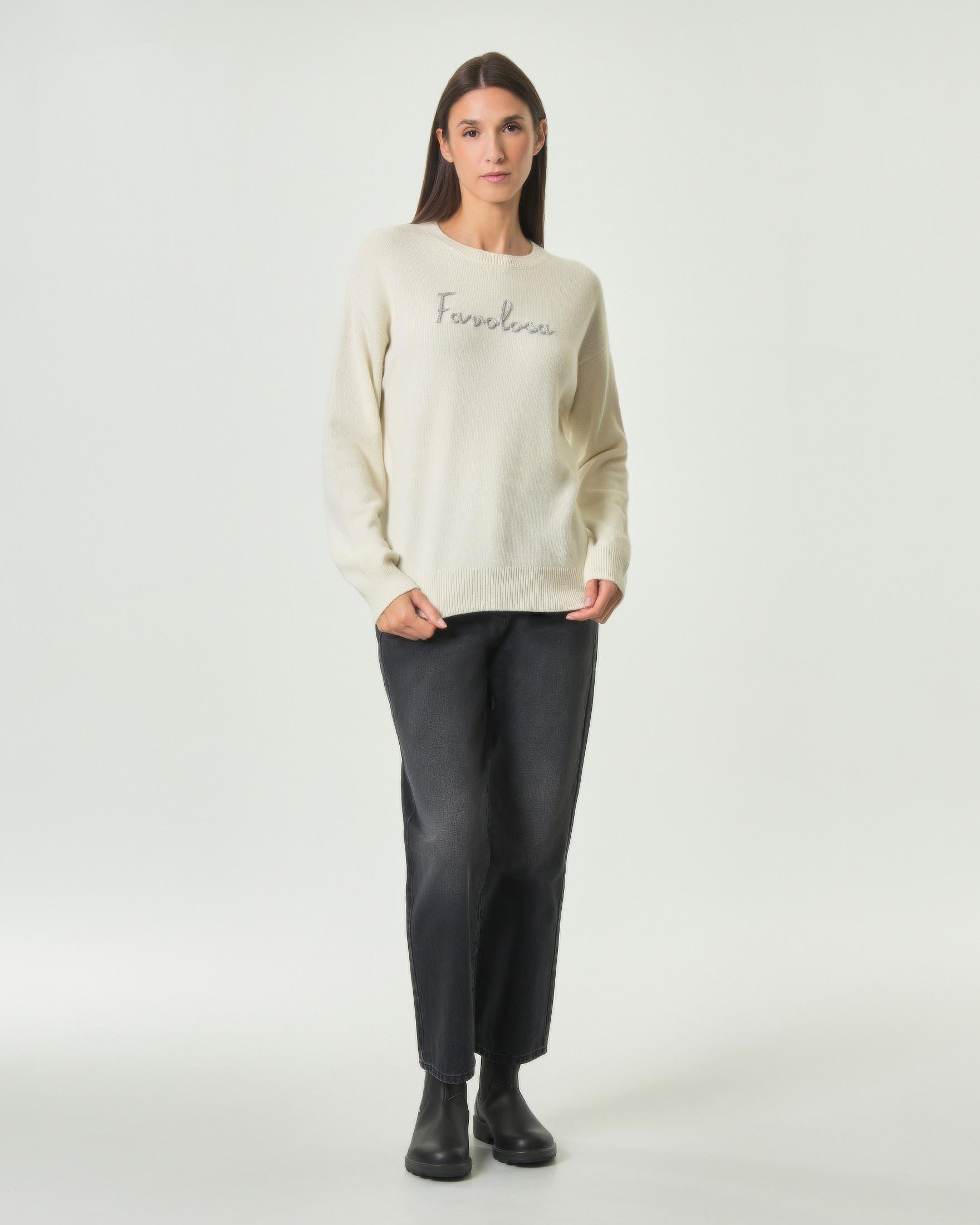 Maglia girocollo Tessa MC2 Saint Barth bianca in misto lana e cashmere con ricamo Favolosa image