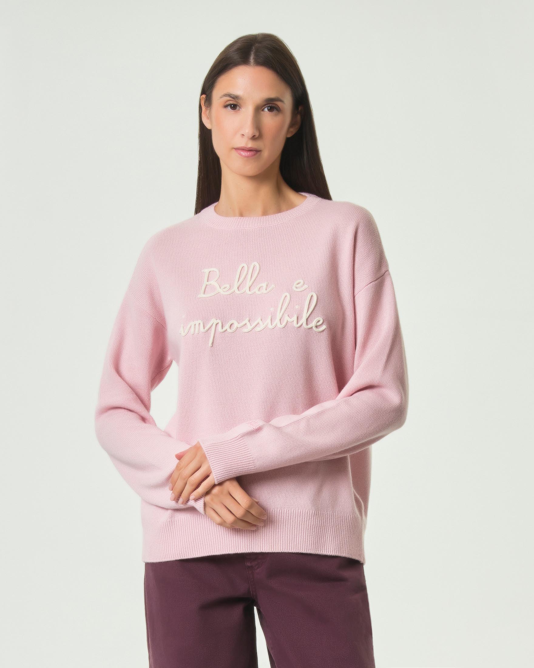 Maglia girocollo Tessa MC2 Saint Barth rosa in misto lana e cashmere con ricamo Bella E Impossibile