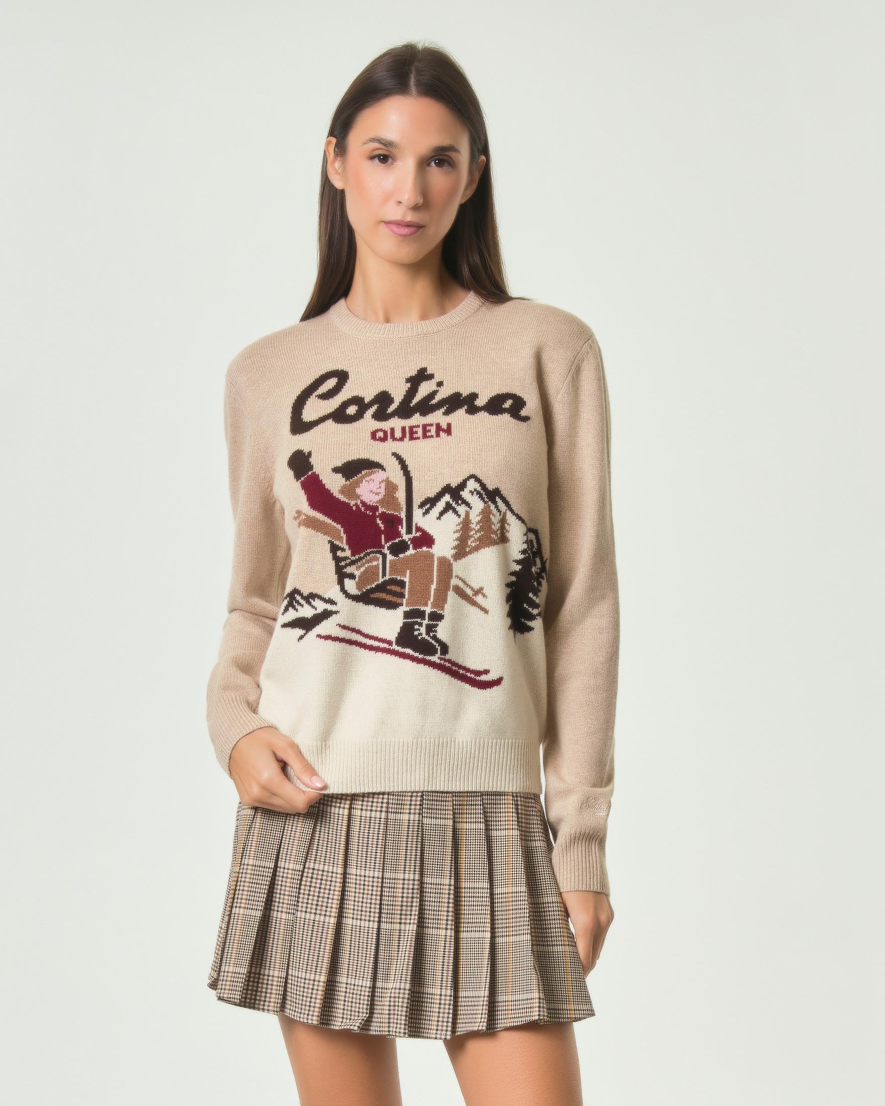 Maglione New Queen MC2 Saint Barth beige in misto lana e cashmere con jacquard Cortina Queen e sciatrice