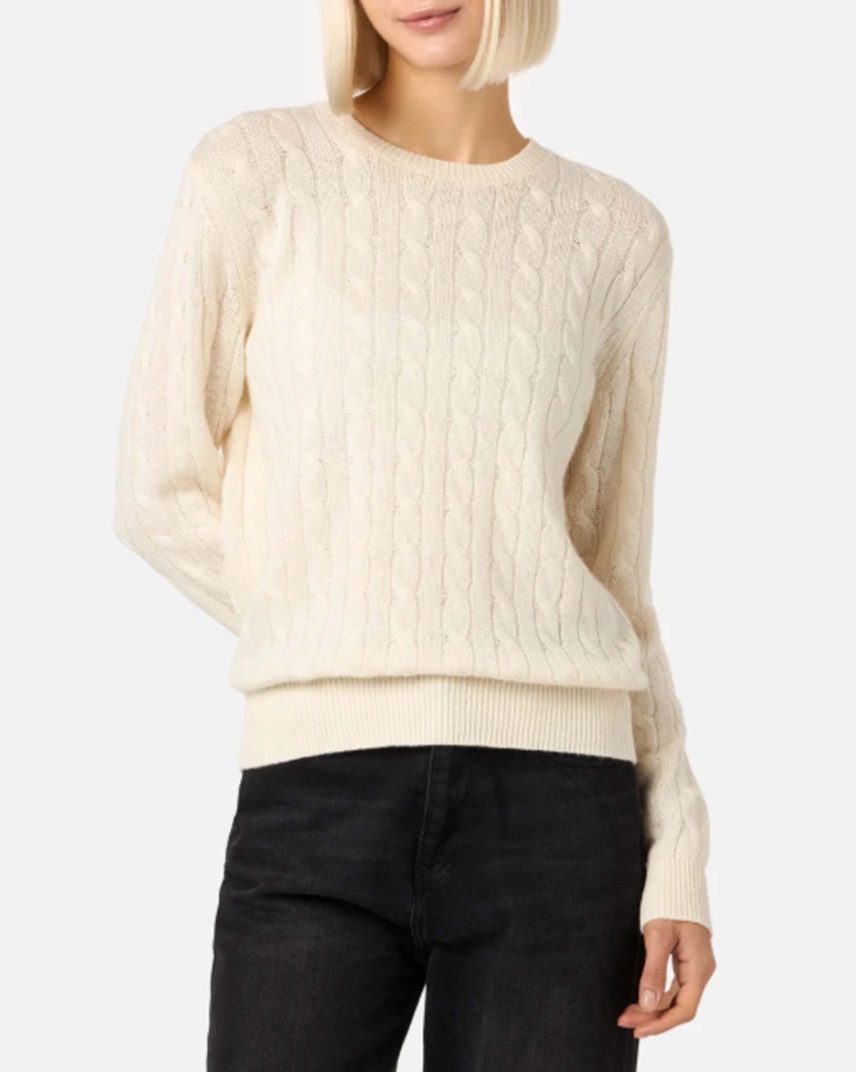 Maglione girocollo Sorbonne MC2 Saint Barth avorio in lana e cashmere a trecce con bordi a coste
