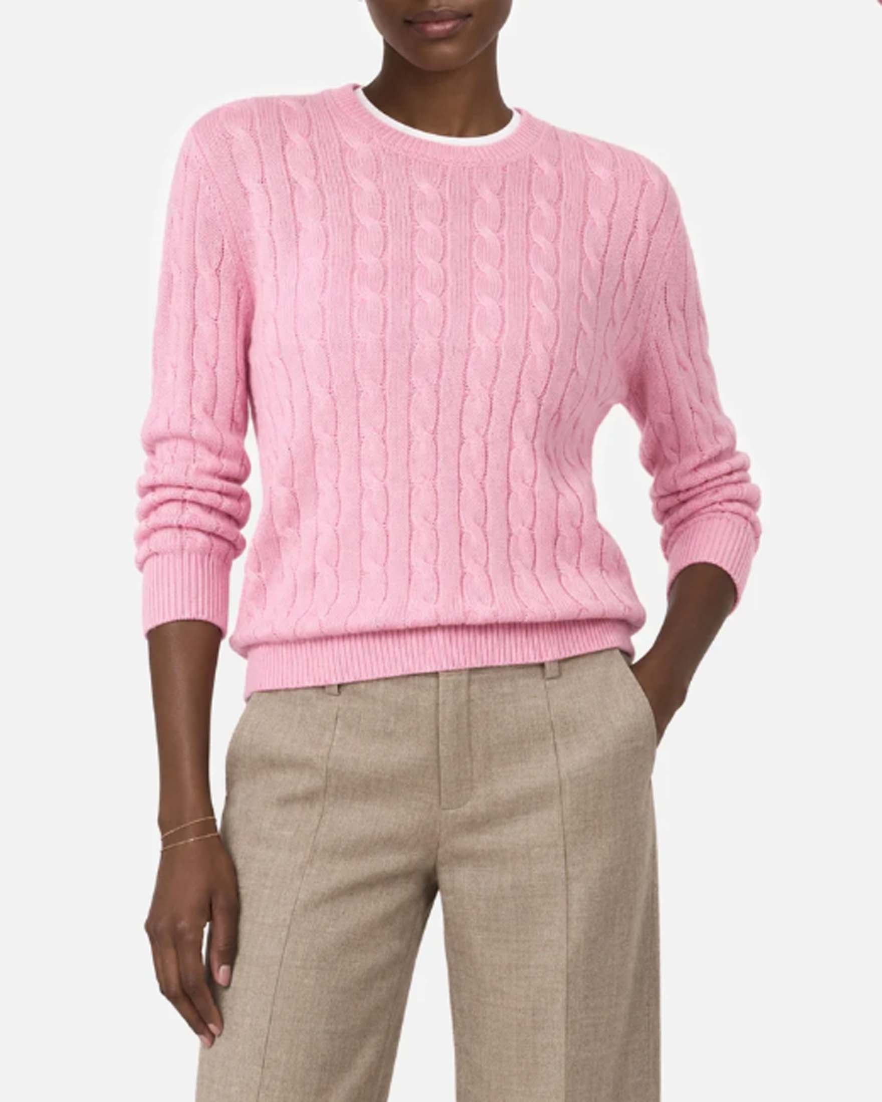 Maglione girocollo Sorbonne MC2 Saint Barth rosa in lana e cashmere a trecce con bordi a coste