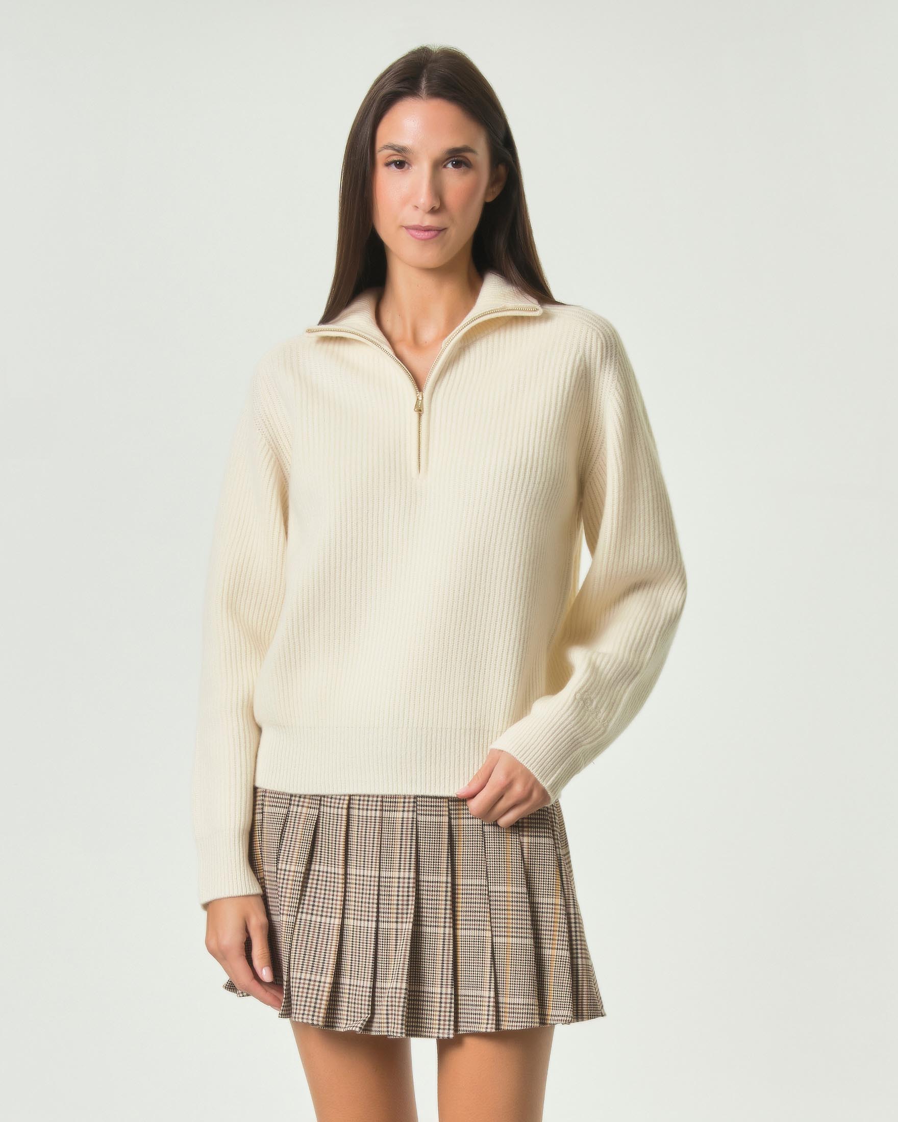 Maglia Isalyn MC2 Saint Barth avorio in pura lana tramatura a costine con mezza zip