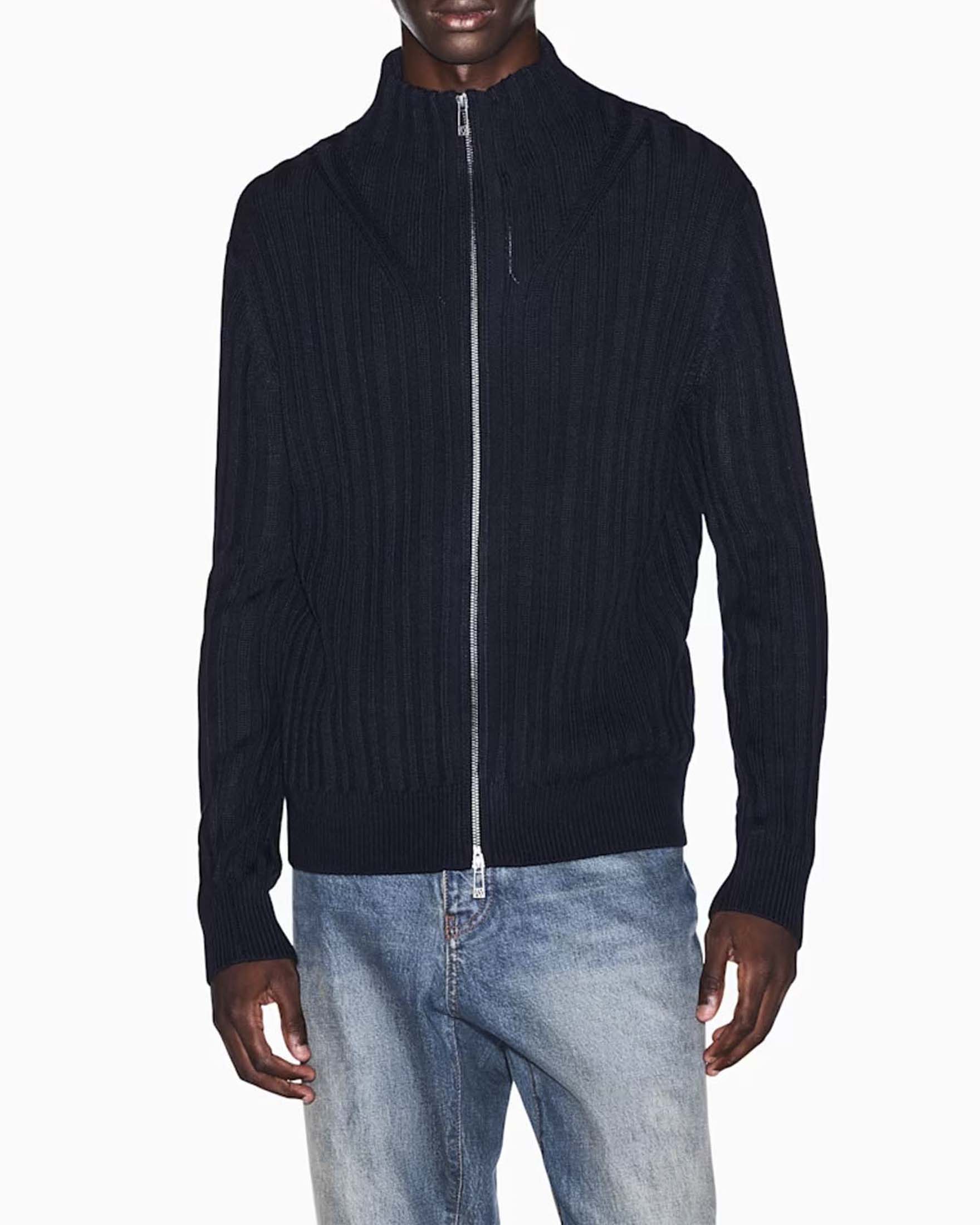 Cardigan Armani Exchange blu a coste in misto lana e cotone