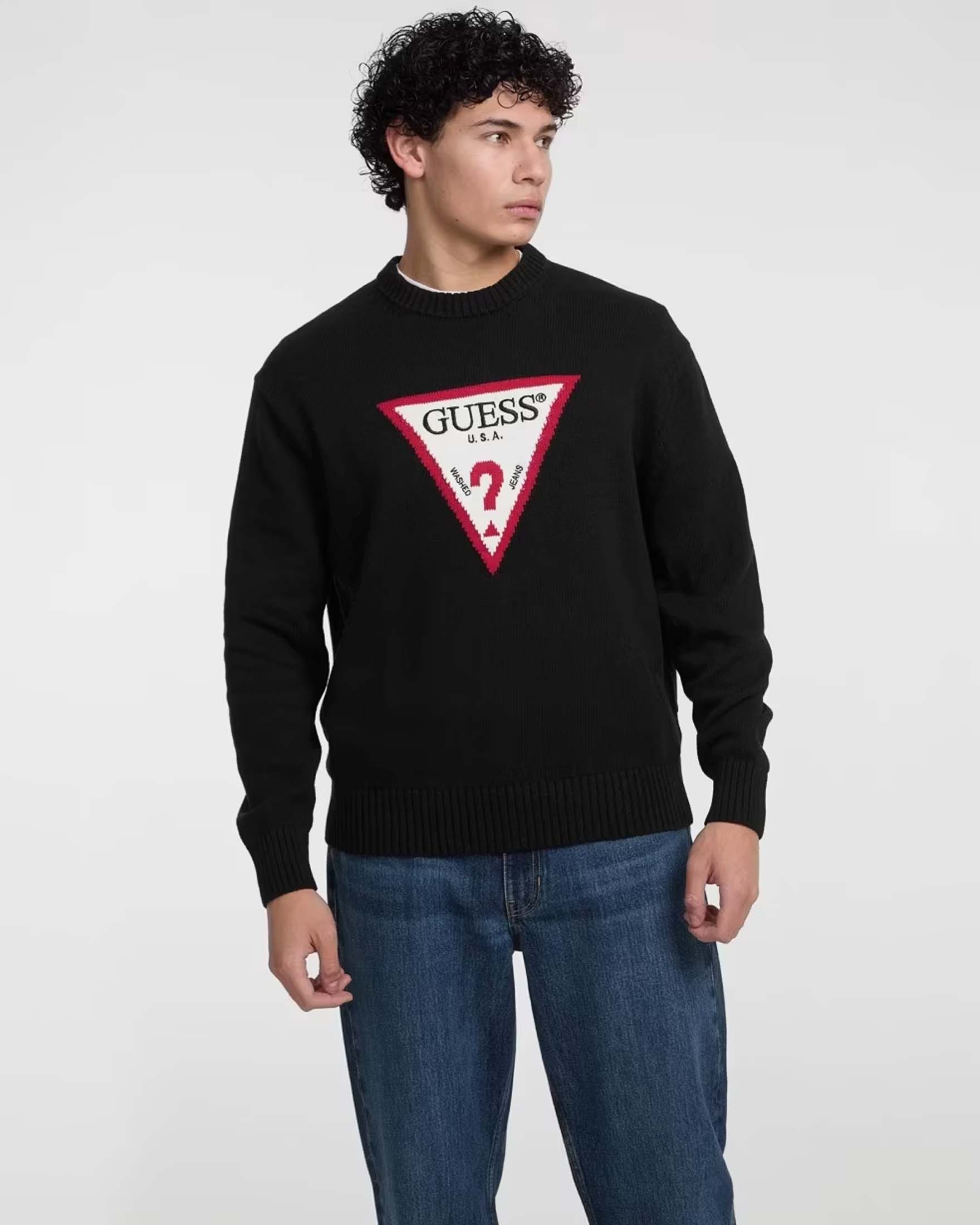 Maglione Guess Jeans nero in cotone con logo triangolo jacquard