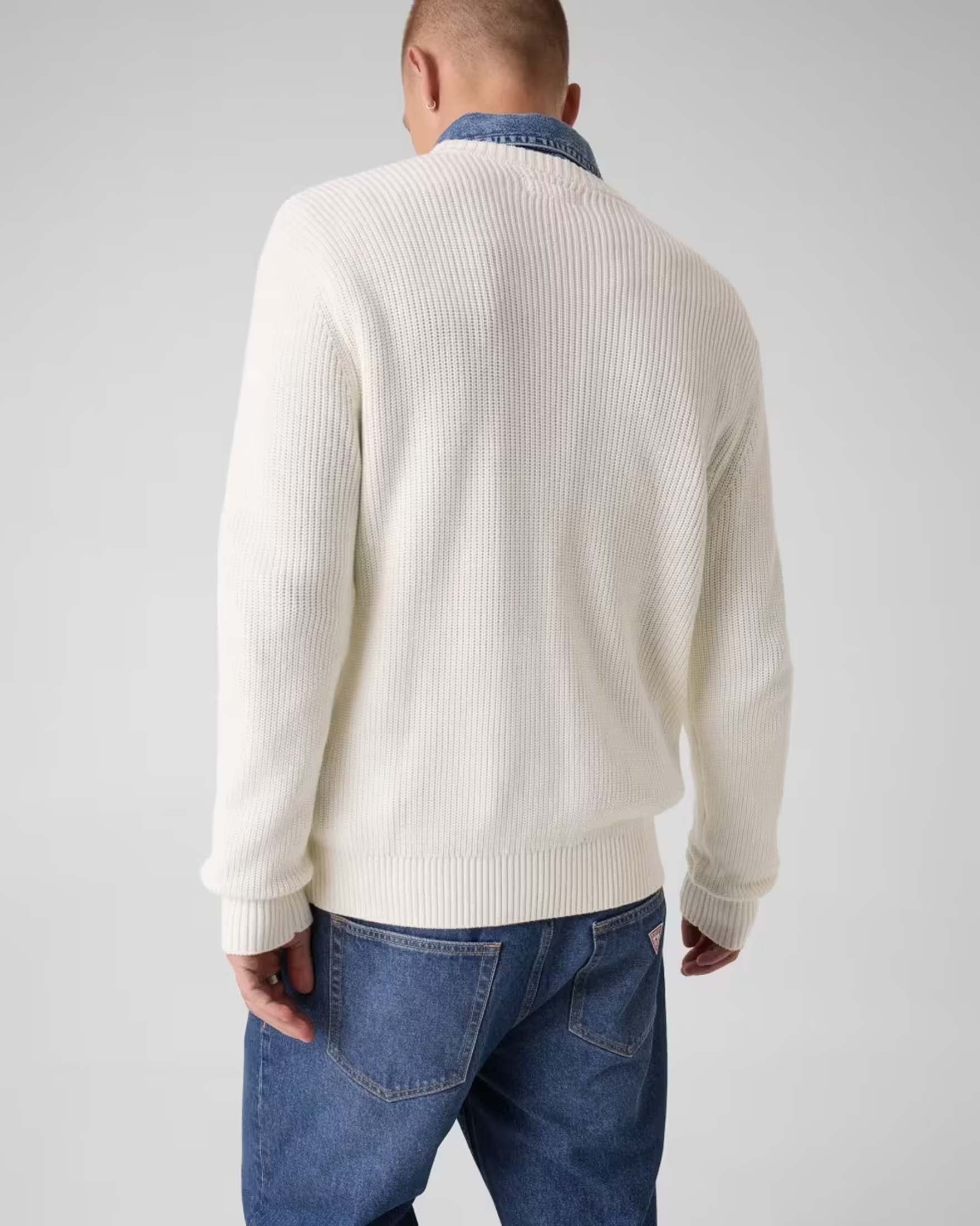 Maglione girocollo Guess Jeans panna in cotone a coste con patch logo triangolo applicata image