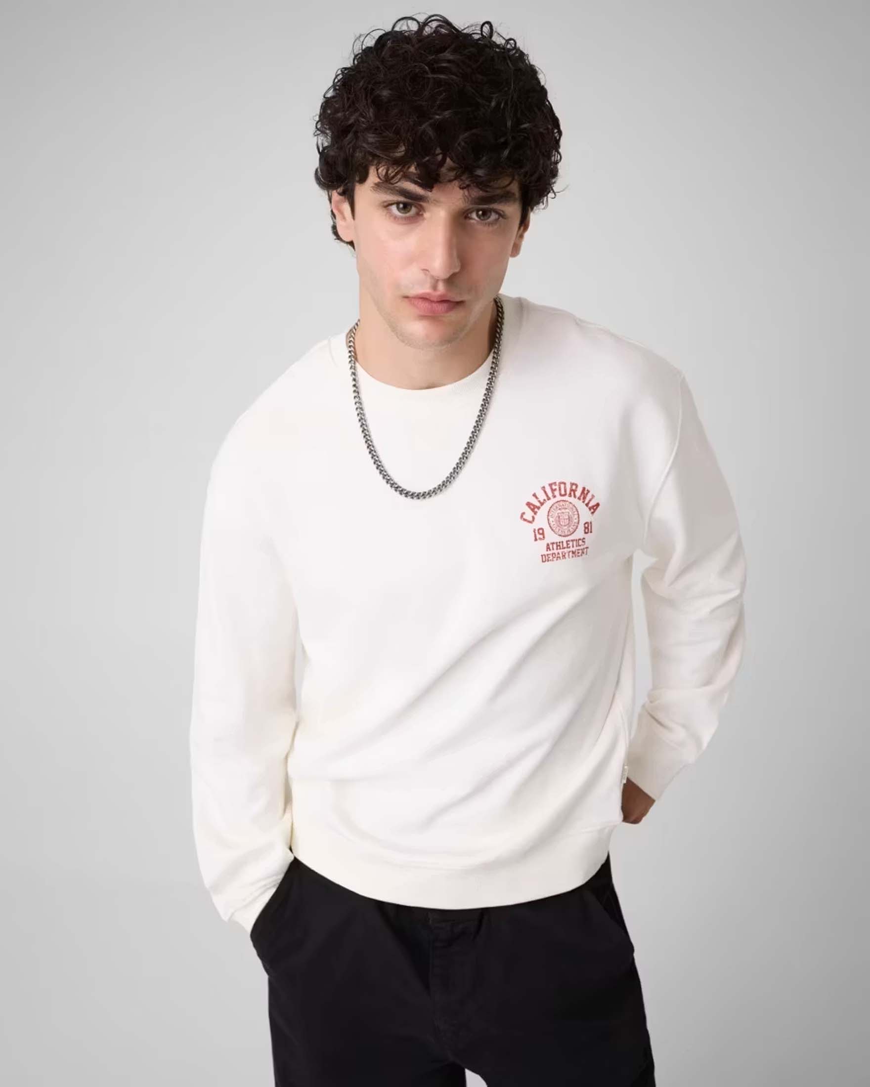 Felpa girocollo Guess Jeans panna in cotone con logo stampato image
