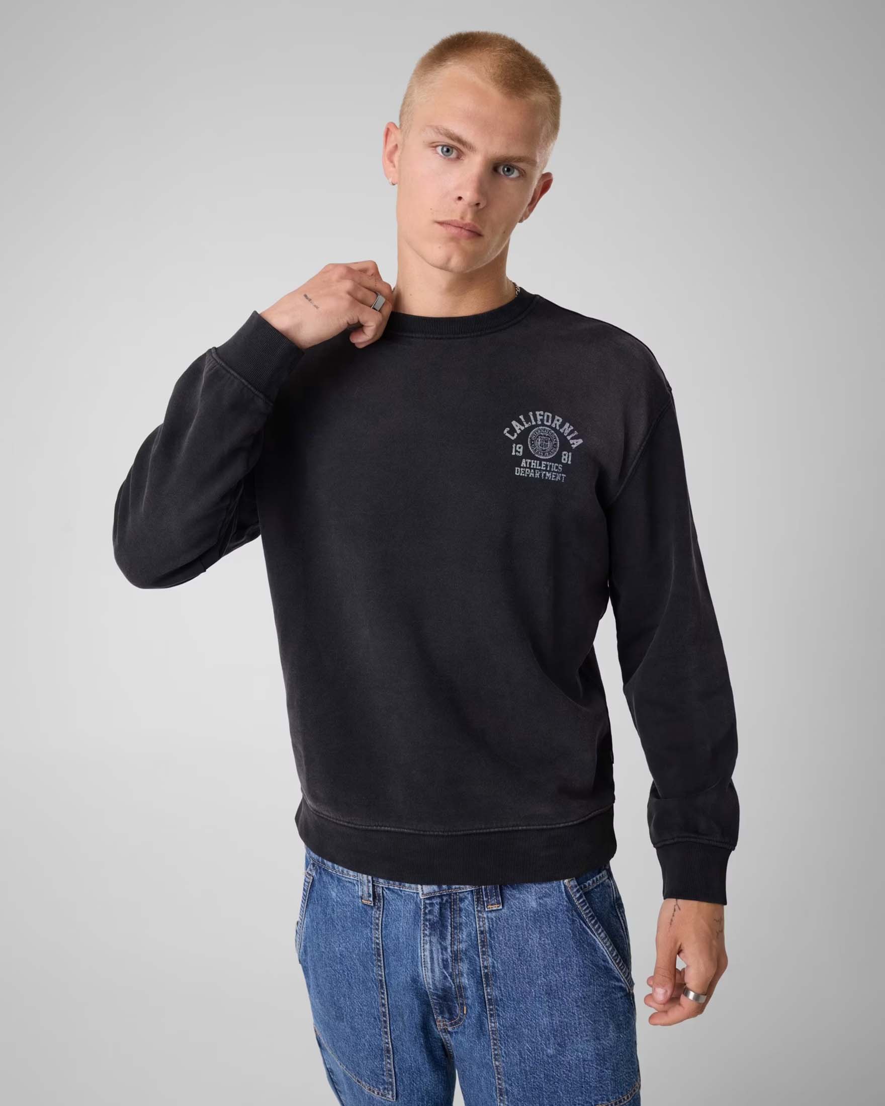 Felpa girocollo Guess Jeans antracite in cotone con logo stampato image