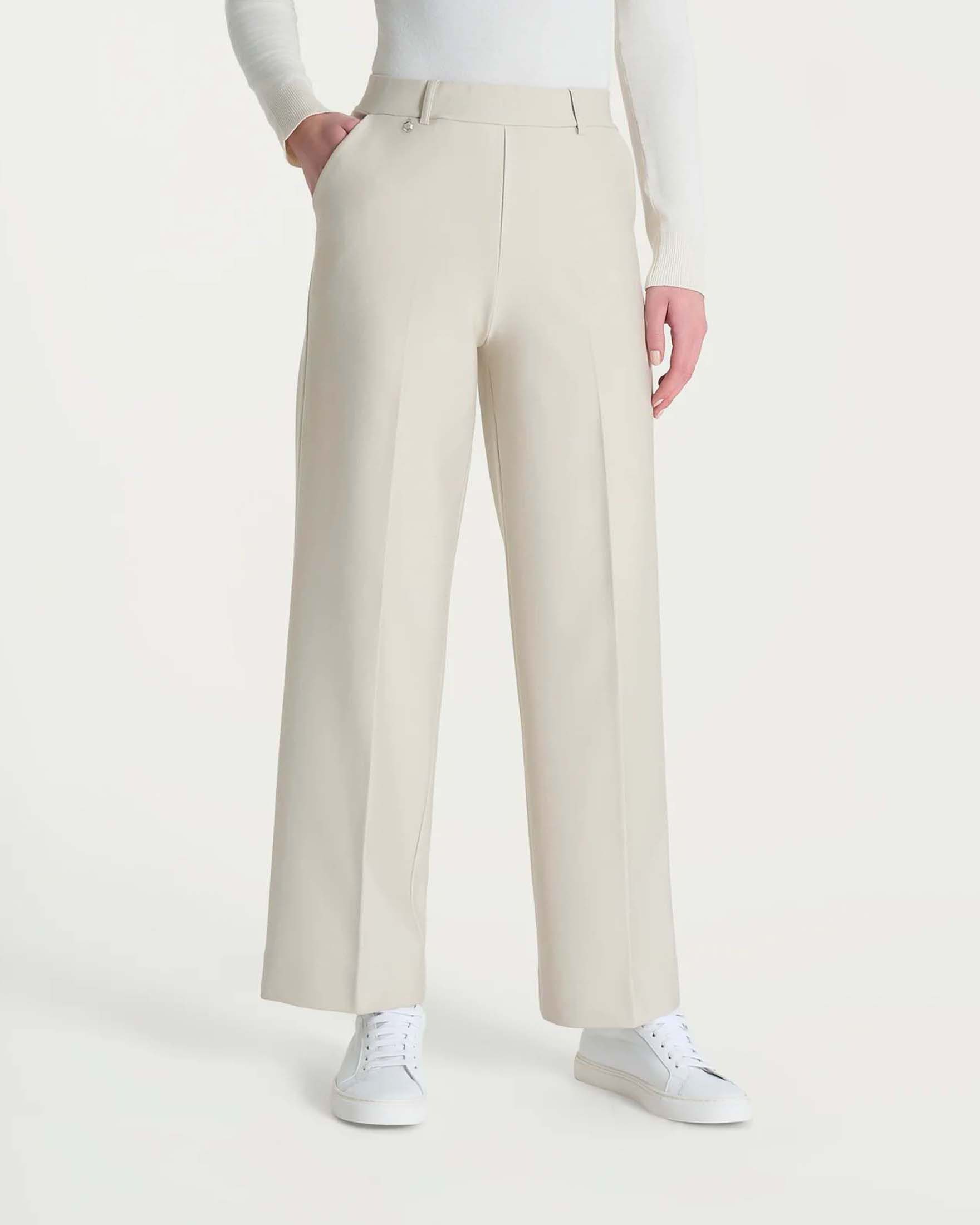 Pantaloni cropped Ragno color gesso a gamba larga in tessuto Compact con vita elasticizzata