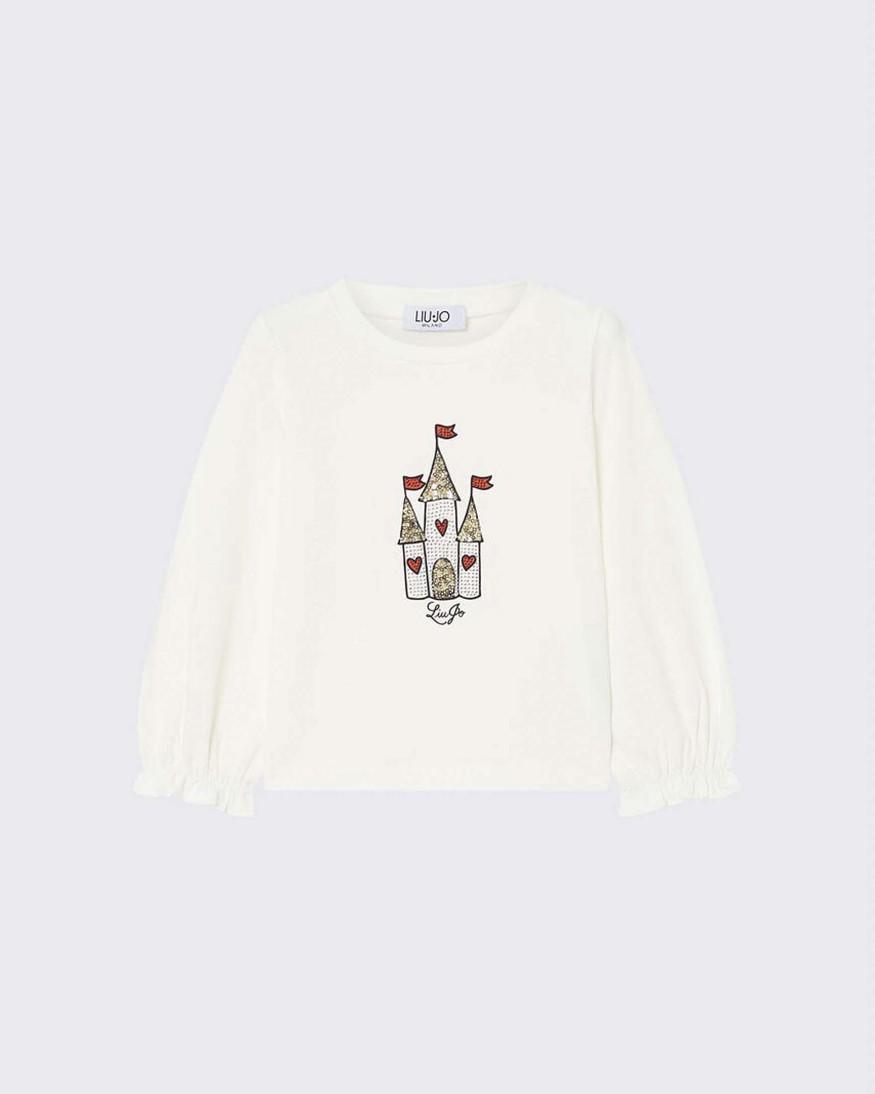 T-shirt bianca Liu Jo in misto cotone e stampa castello con paillettes