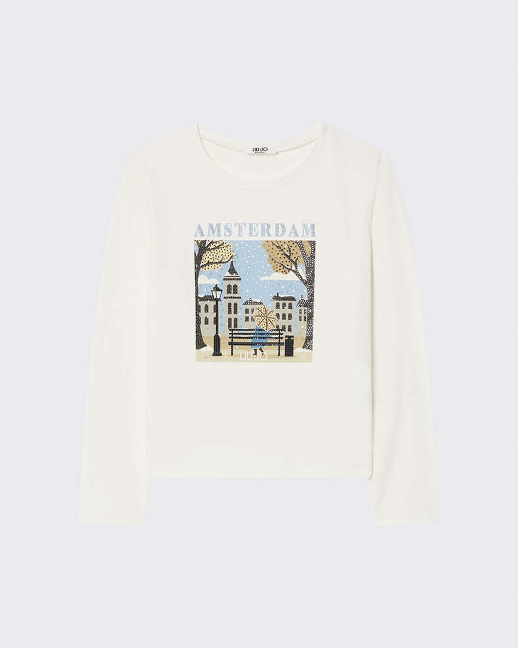 T-shirt color panna Liu Jo e stampa Amsterdam con strass