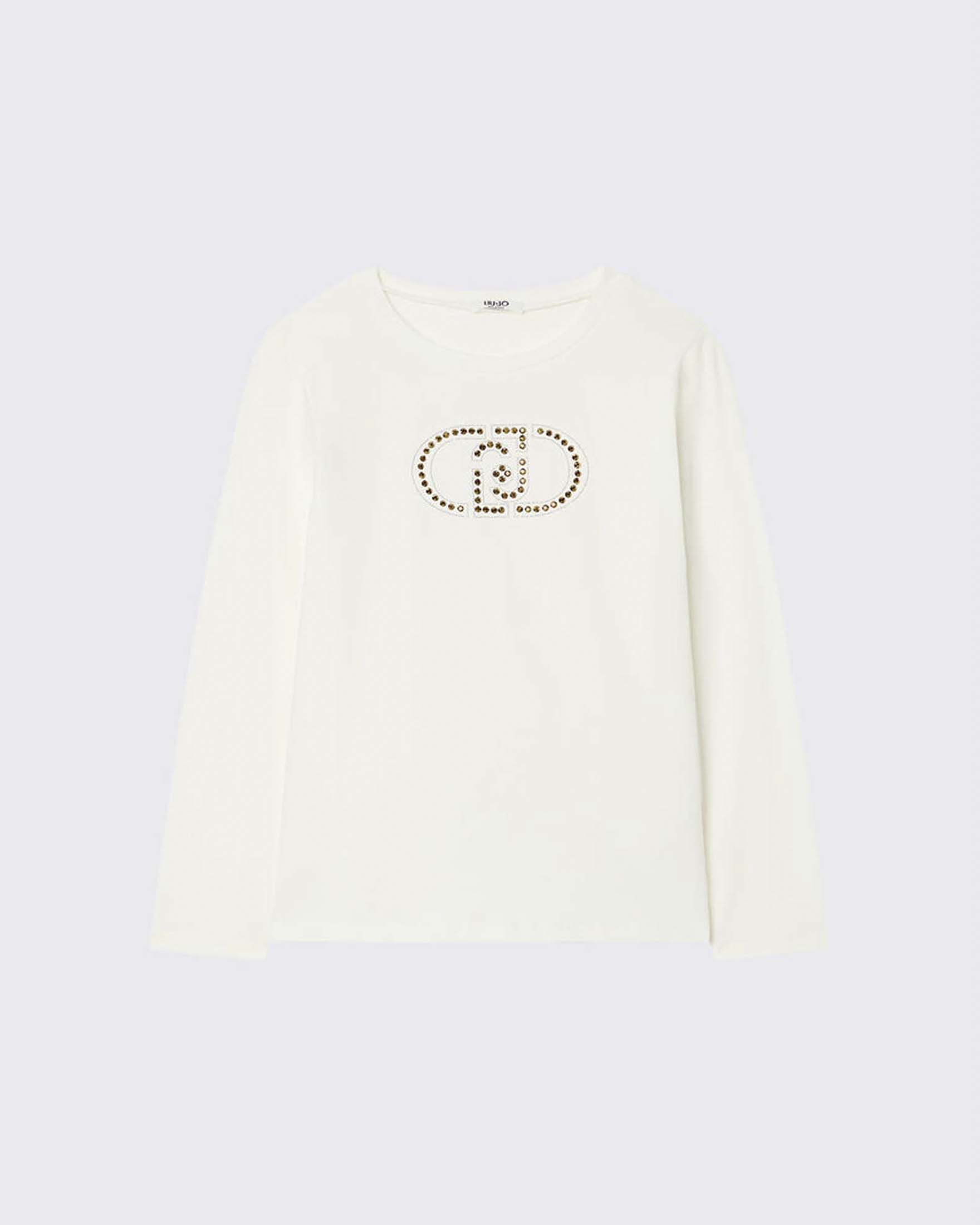 T-shirt color panna Liu Jo e stampa logo monogram color oro con strass
