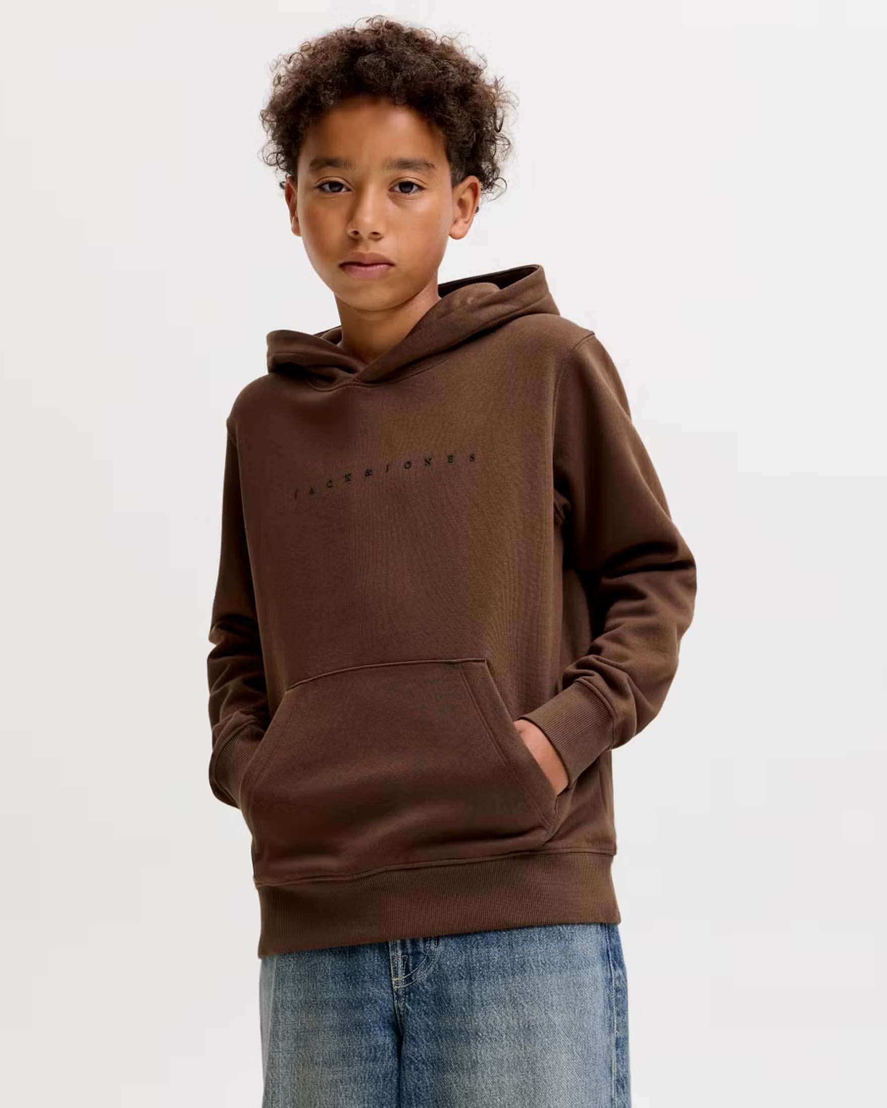 Felpa marrone Jack & Jones in misto cotone con scritta logo nera e cappuccio