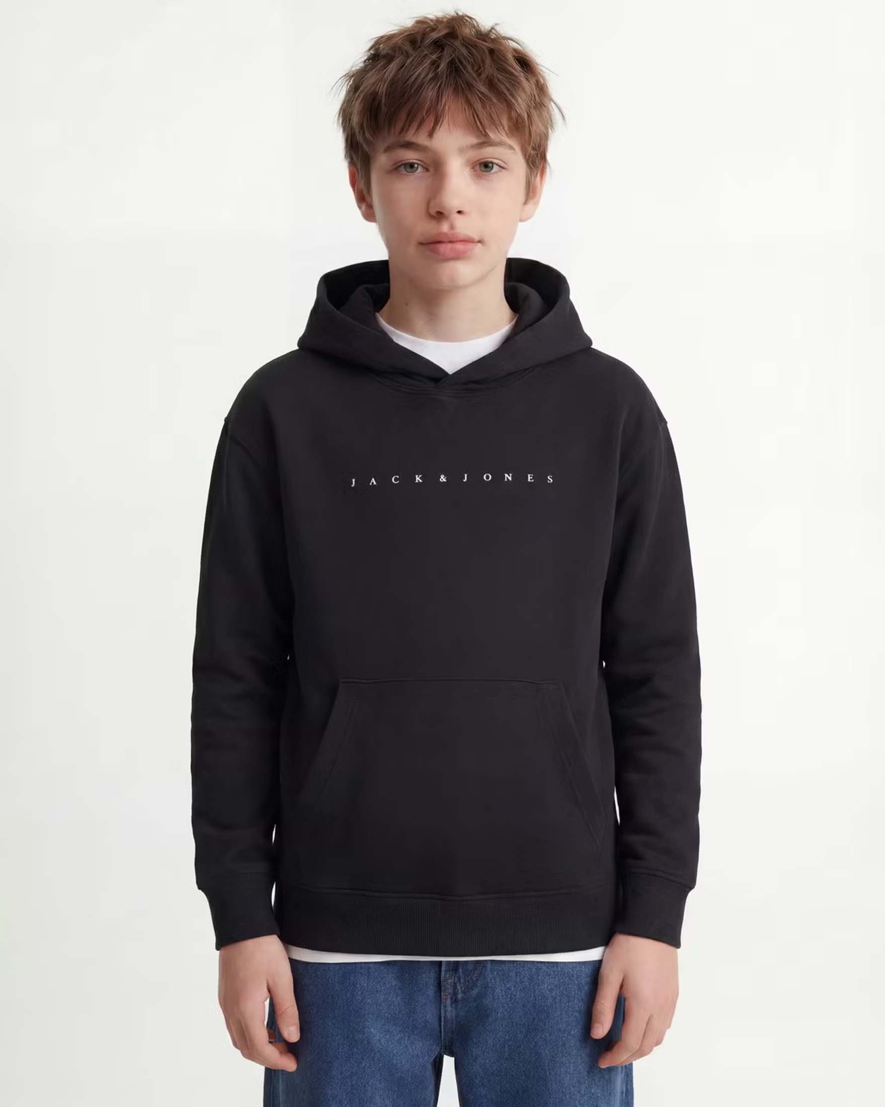 Felpa nera Jack & Jones in misto cotone con scritta logo bianca e cappuccio