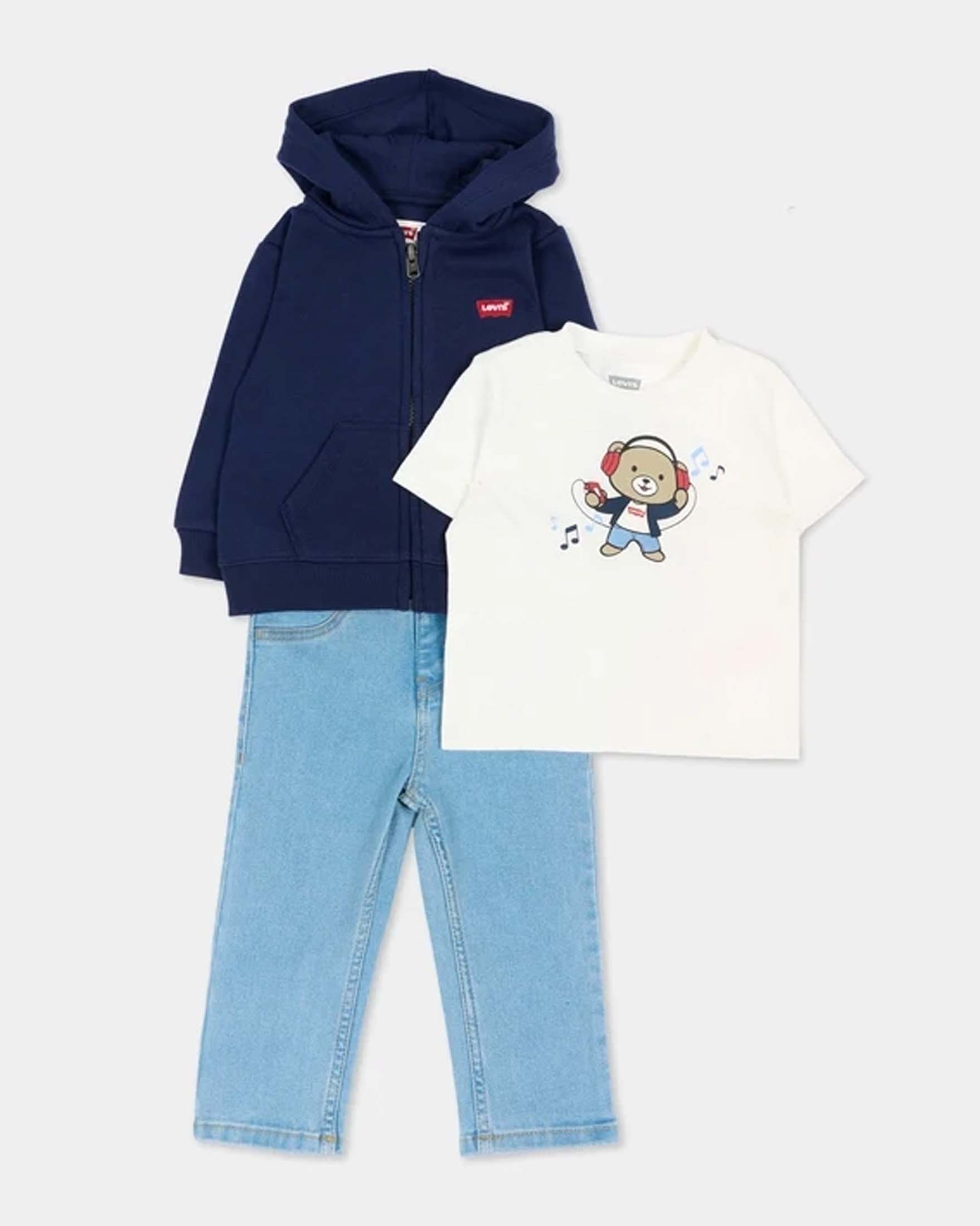 Completo Levi's con felpa blu jeans e t-shirt bianca con orsetto