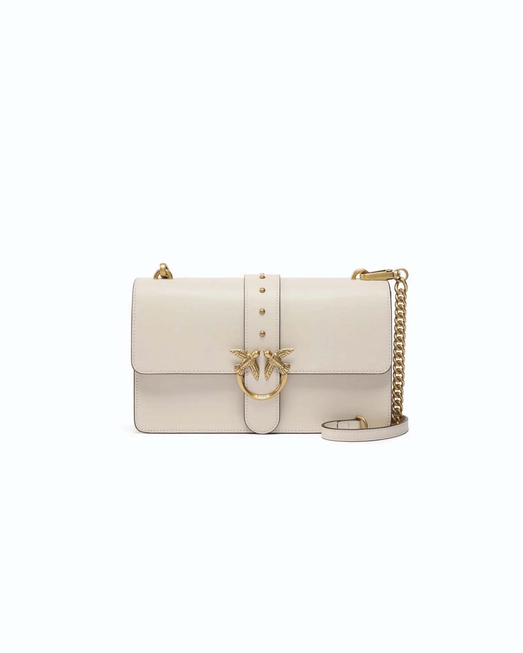 Borsa a tracolla Love One Classic Pinko bianca in pelle liscia con tracolla e placca logo dorate