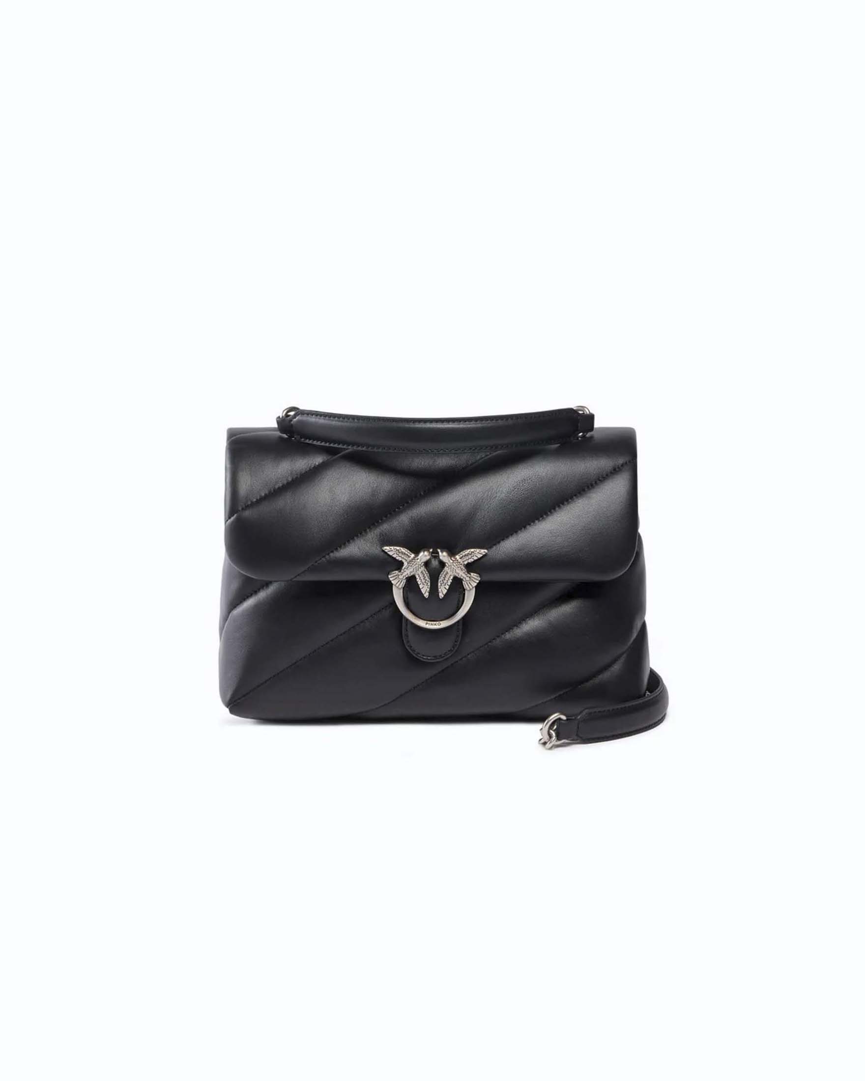 Borsa piccola a tracolla Love Bag Puff Maxi Quilt Pinko nera in pelle trapuntata con catena e logo argento