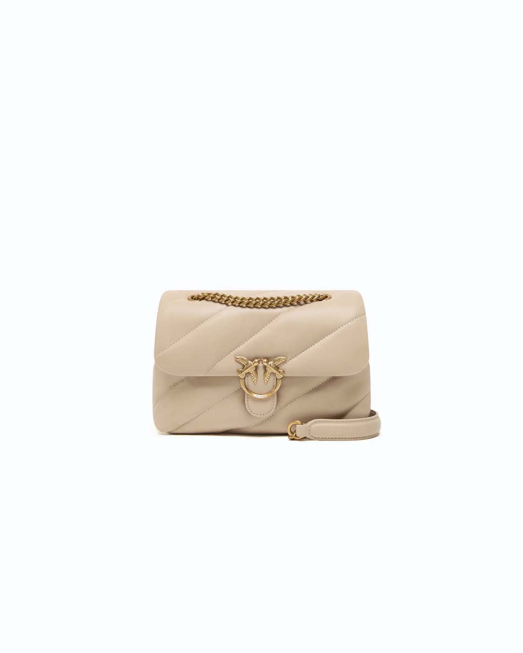 Borsa a tracolla Mini Love Bag Puff Pinko beige in nappa trapuntata con catena e logo oro