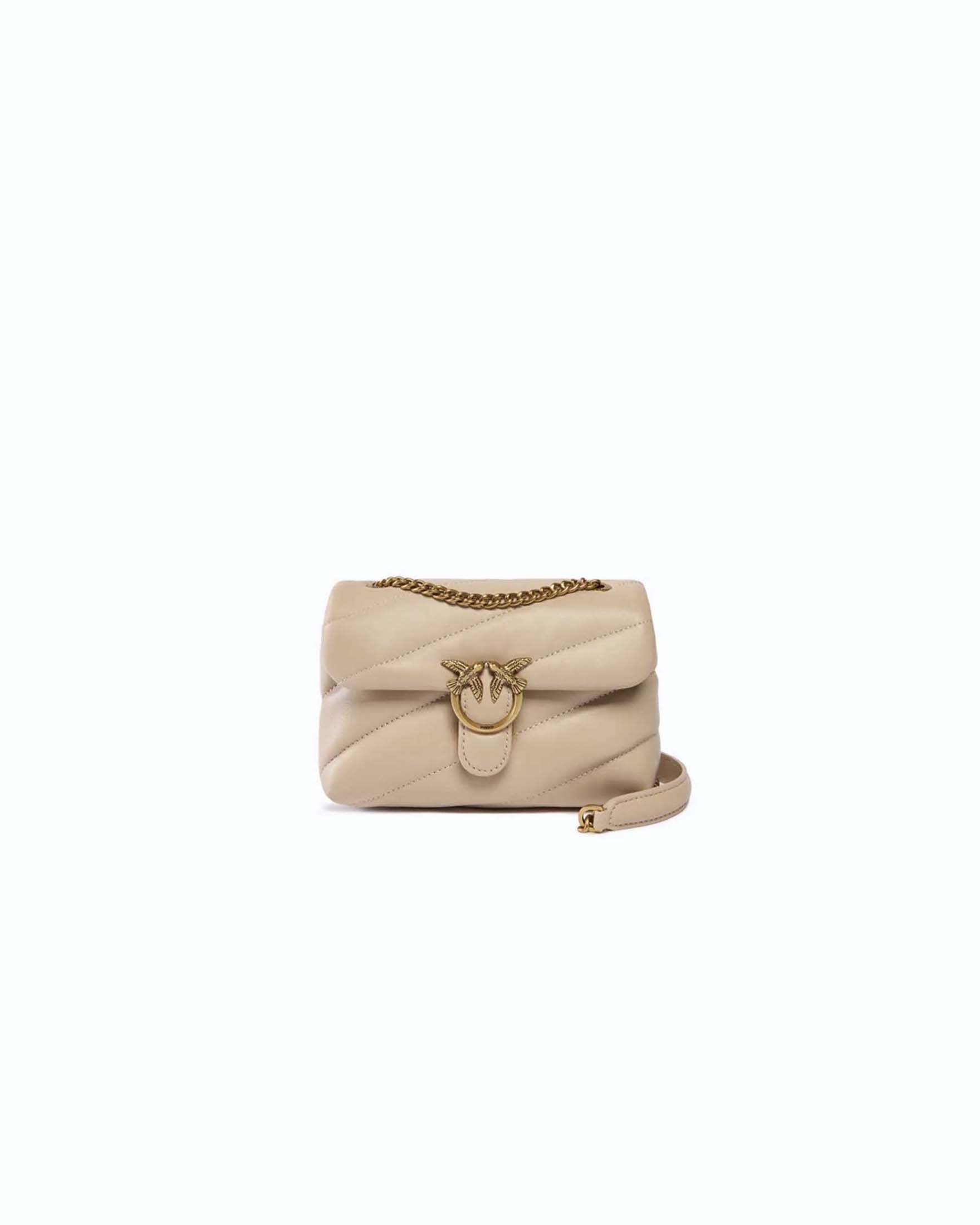 Borsa a tracolla Baby Love Bag Puff Pinko beige in nappa trapuntata con catena e logo oro