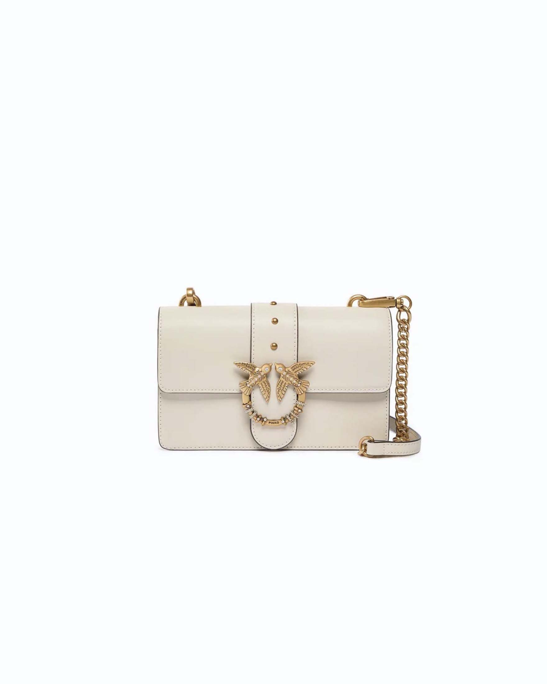 Borsa a tracolla Mini Love Bag One Pinko bianca in pelle liscia con fibbia Love Birds oro gioiello