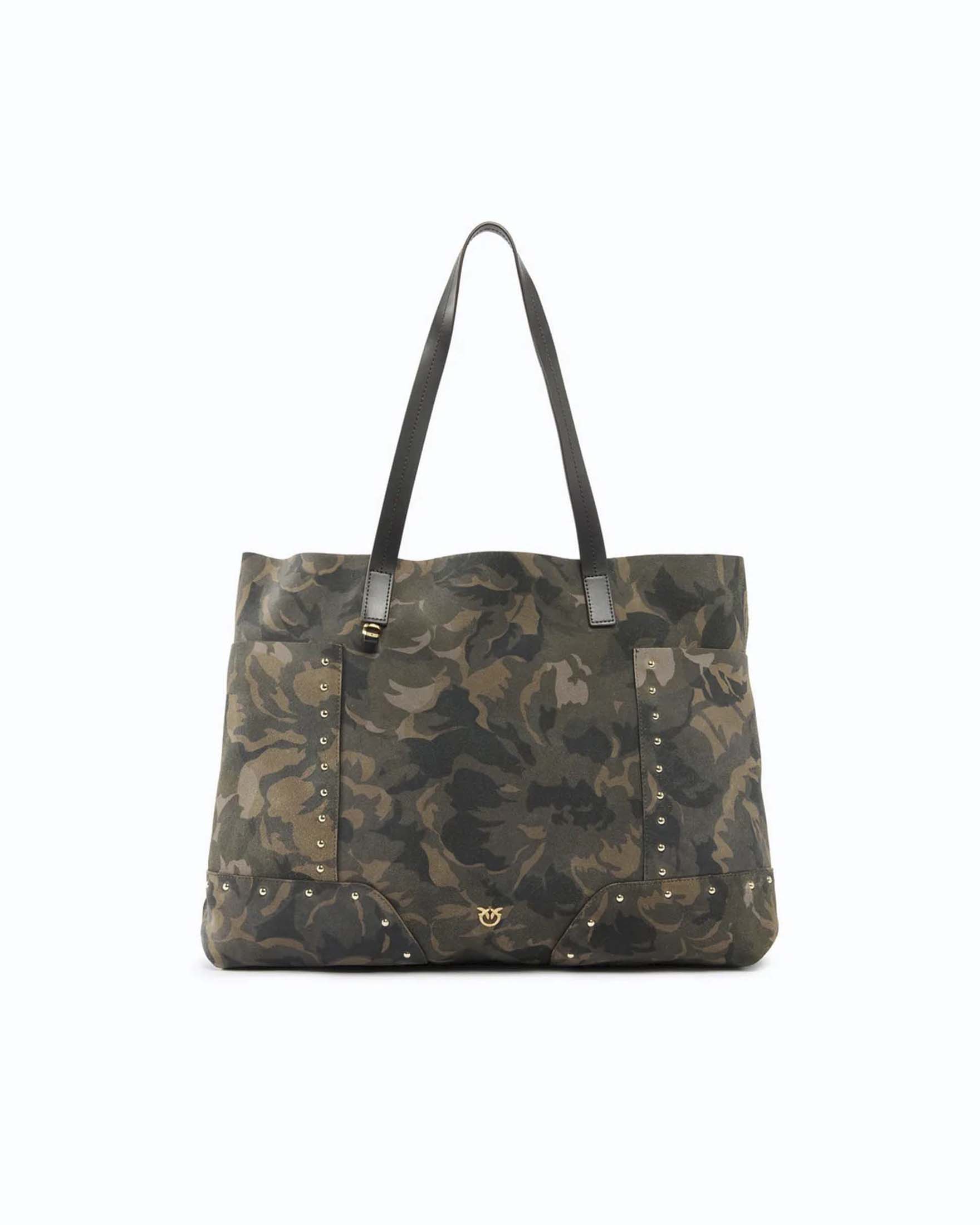 Borsa shopper Pinko color khaki in suede con stampa camouflage e borchie