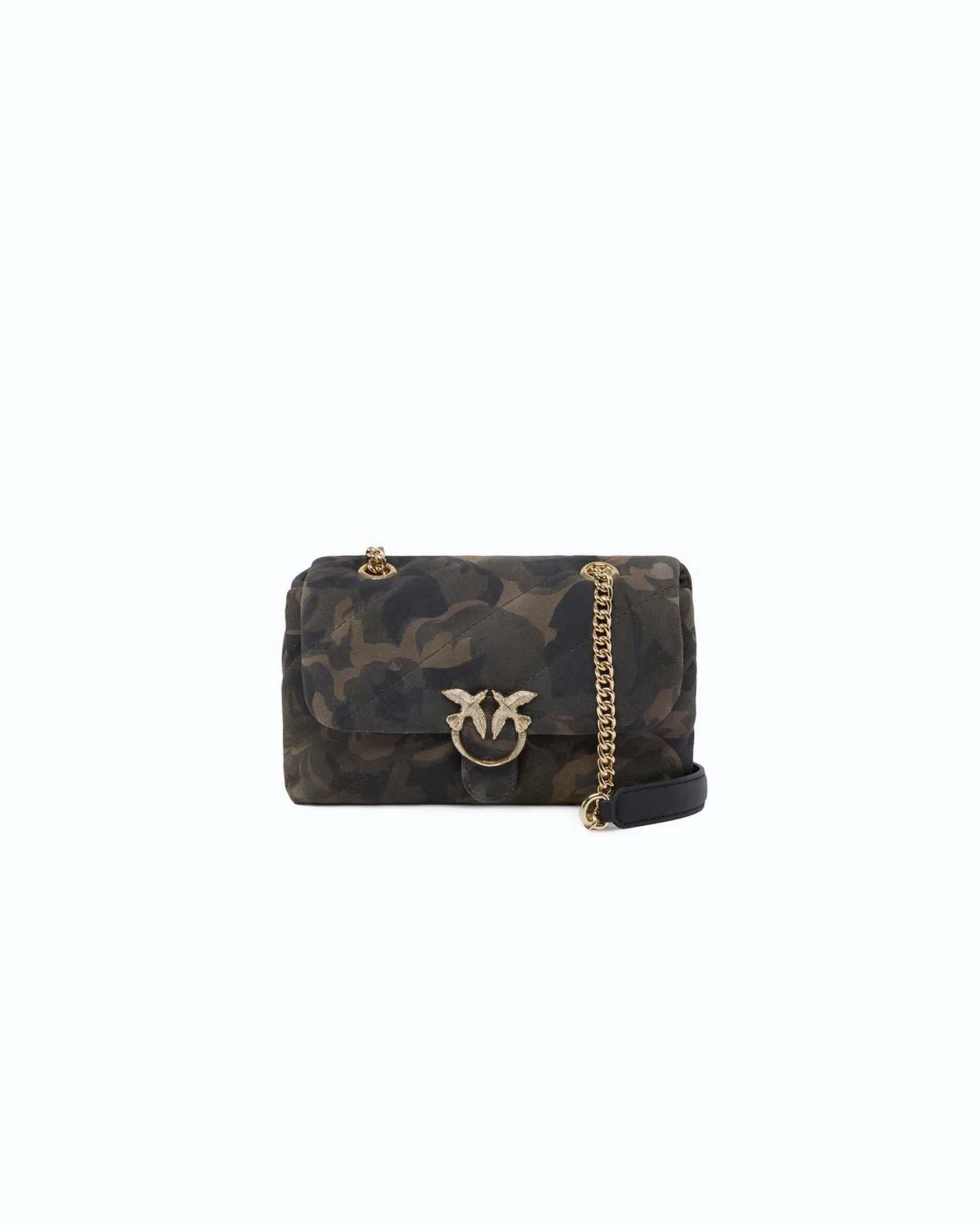 Borsa a tracolla Mini Love Bag Puff Pinko color khaki in suede con stampa camouflage e fibbia gioiello